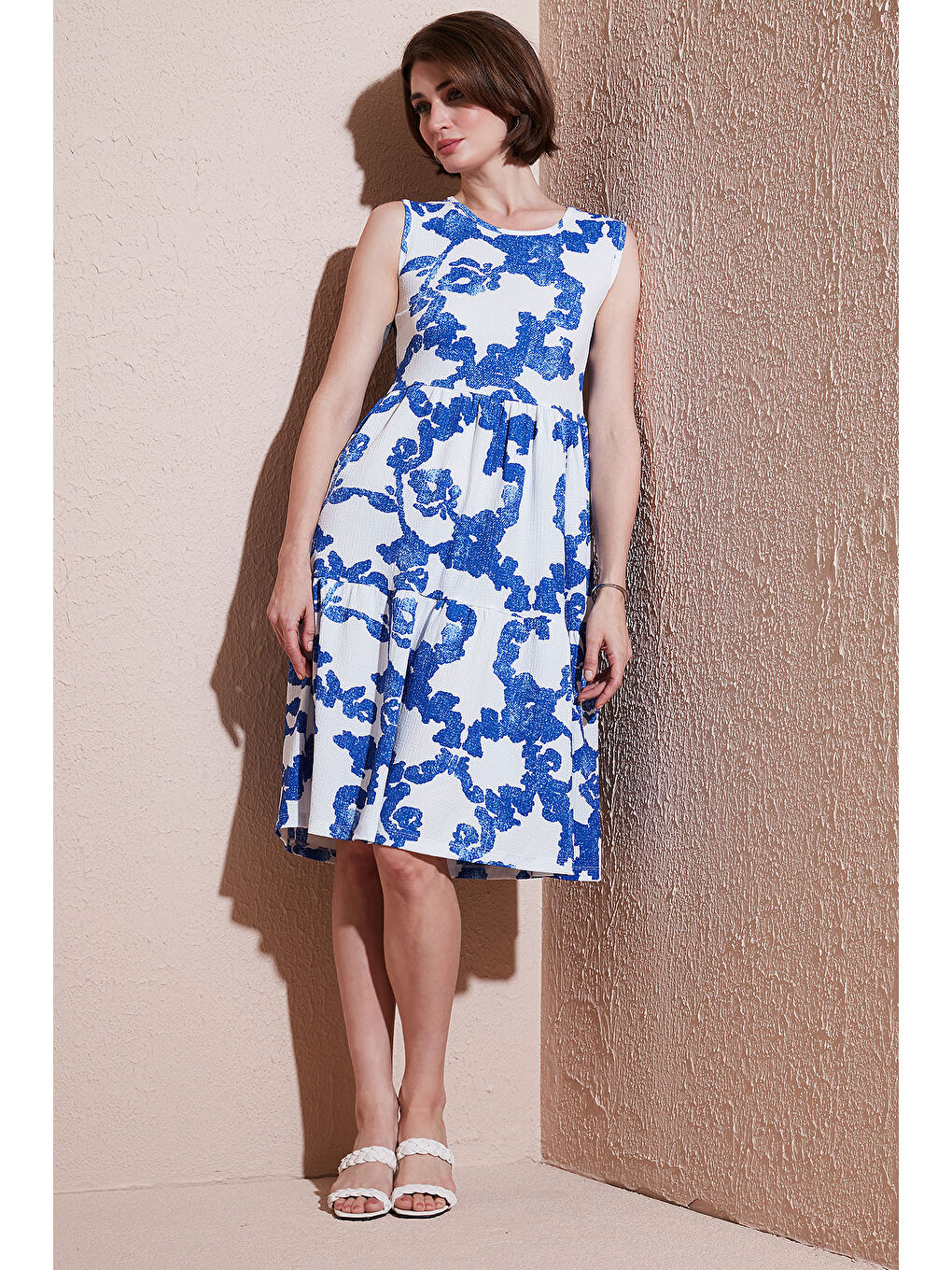 Lila Desenli Kolsuz Midi Elbise 5869007-1