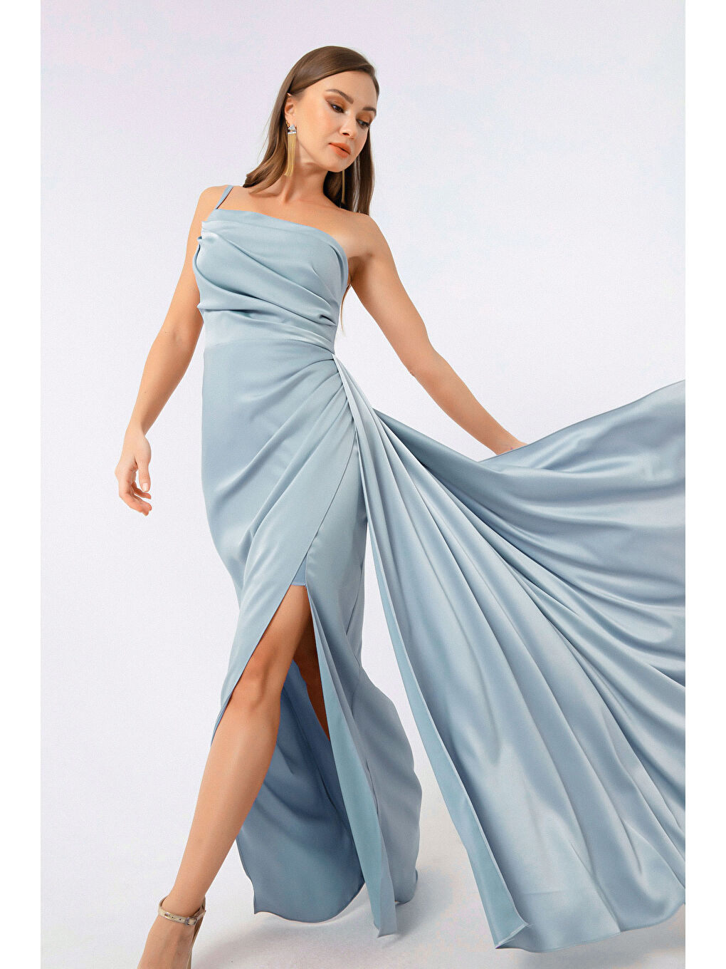 Kadın Bebe Mavi Tek Omuzlu Saten Abiye & Mezuniyet Elbisesi-1