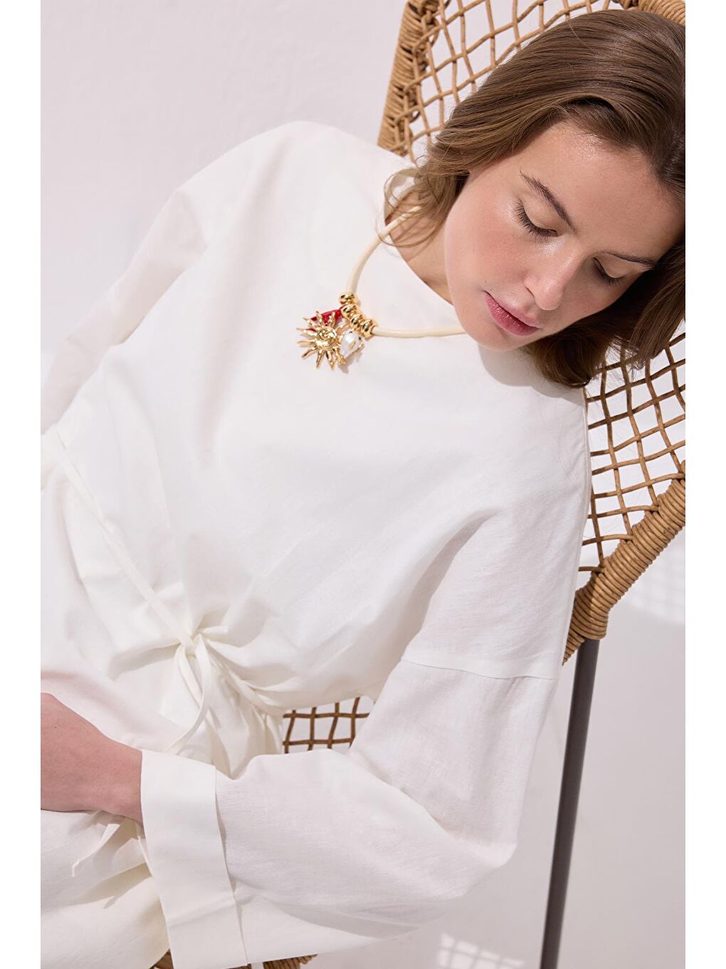 Solen Keten Uzun Elbise Ekru-3