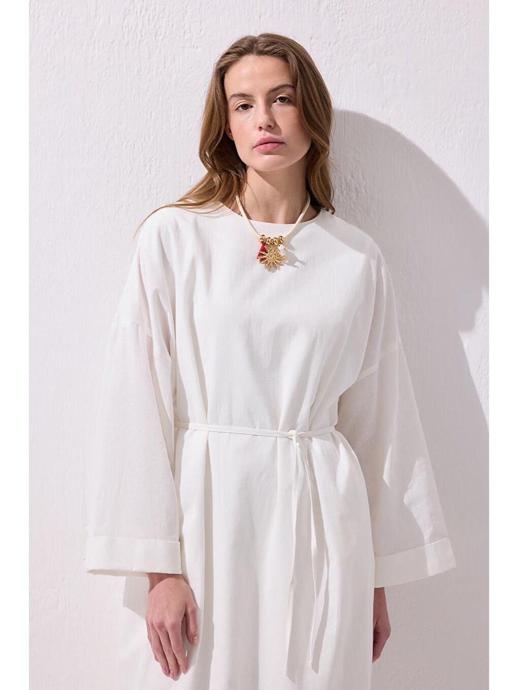 Solen Keten Uzun Elbise Ekru-5