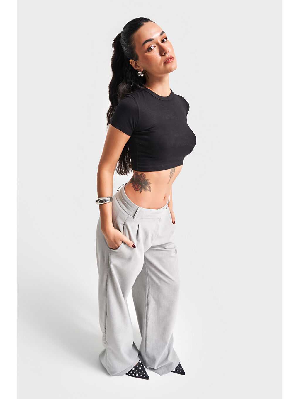 Kadın Siyah Renk S5 Süper Esnek Kumaş Crop Fit Top-3