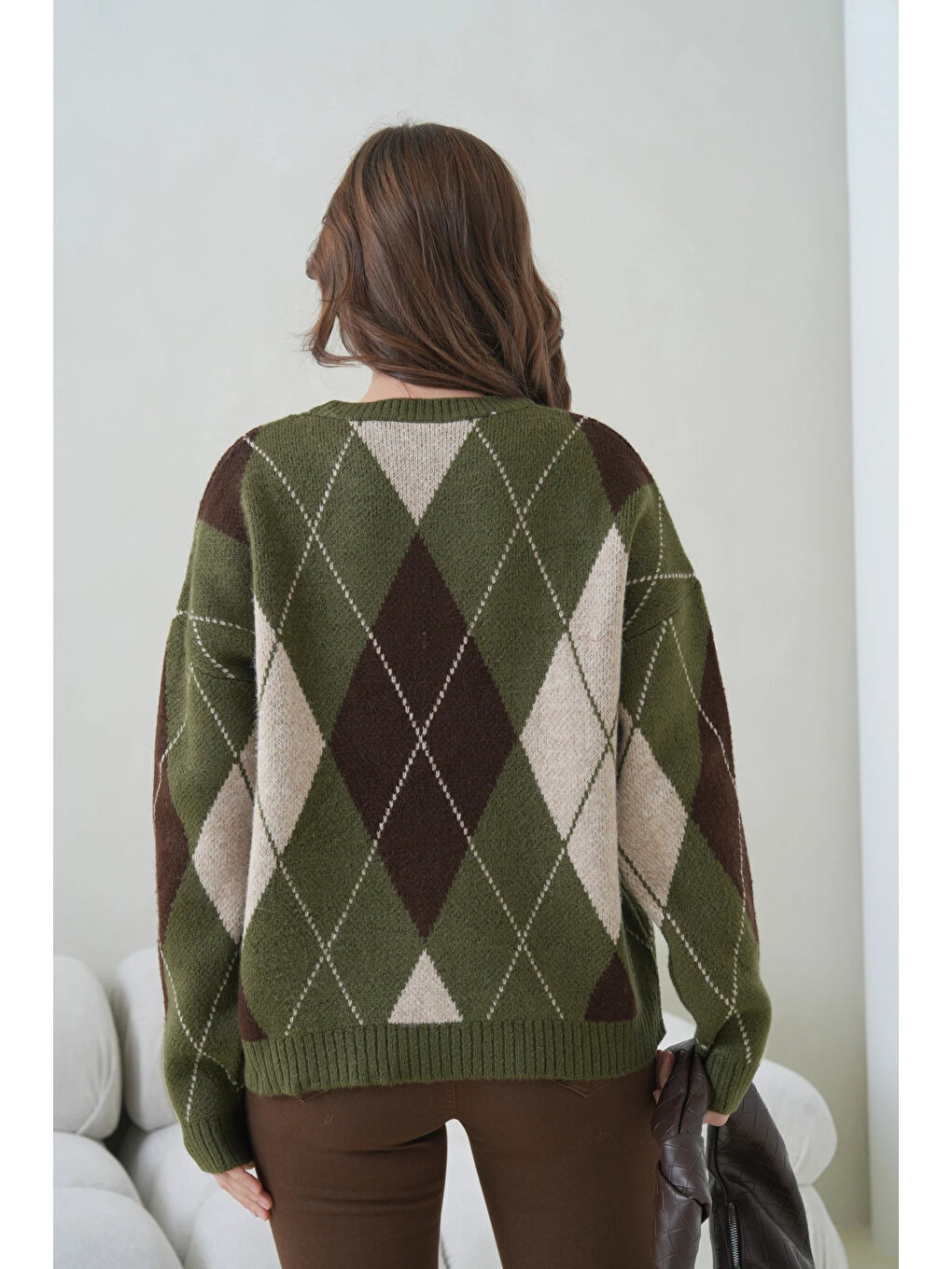 Haki Kadın Bisiklet Yaka Baklava Desenli Triko Kazak-4