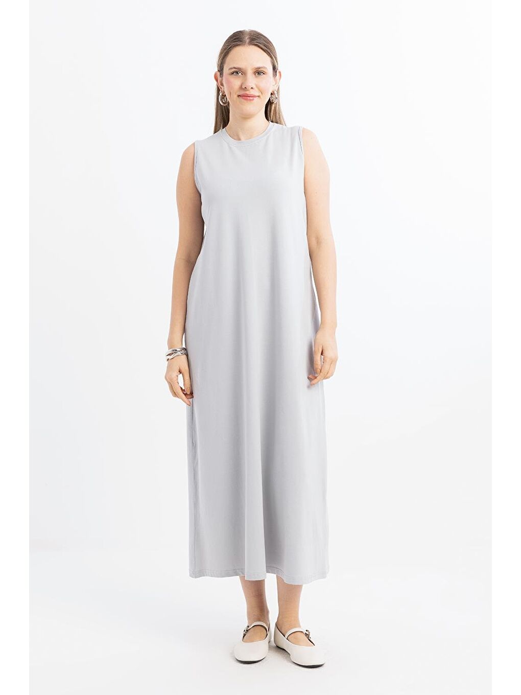Gri-Pamuklu Bisiklet Yaka Kolsuz İçlik Elbise-1
