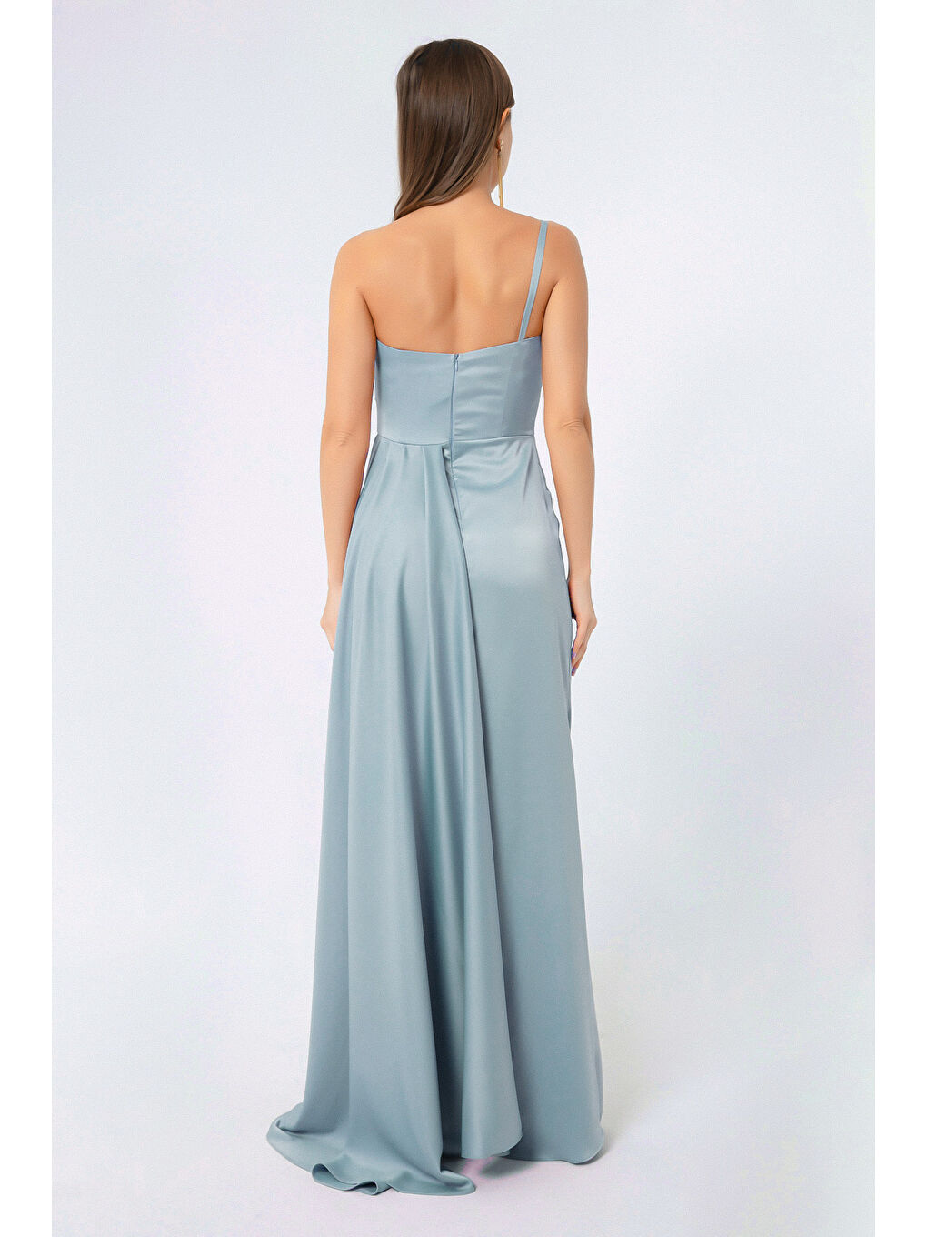 Kadın Bebe Mavi Tek Omuzlu Saten Abiye & Mezuniyet Elbisesi-4