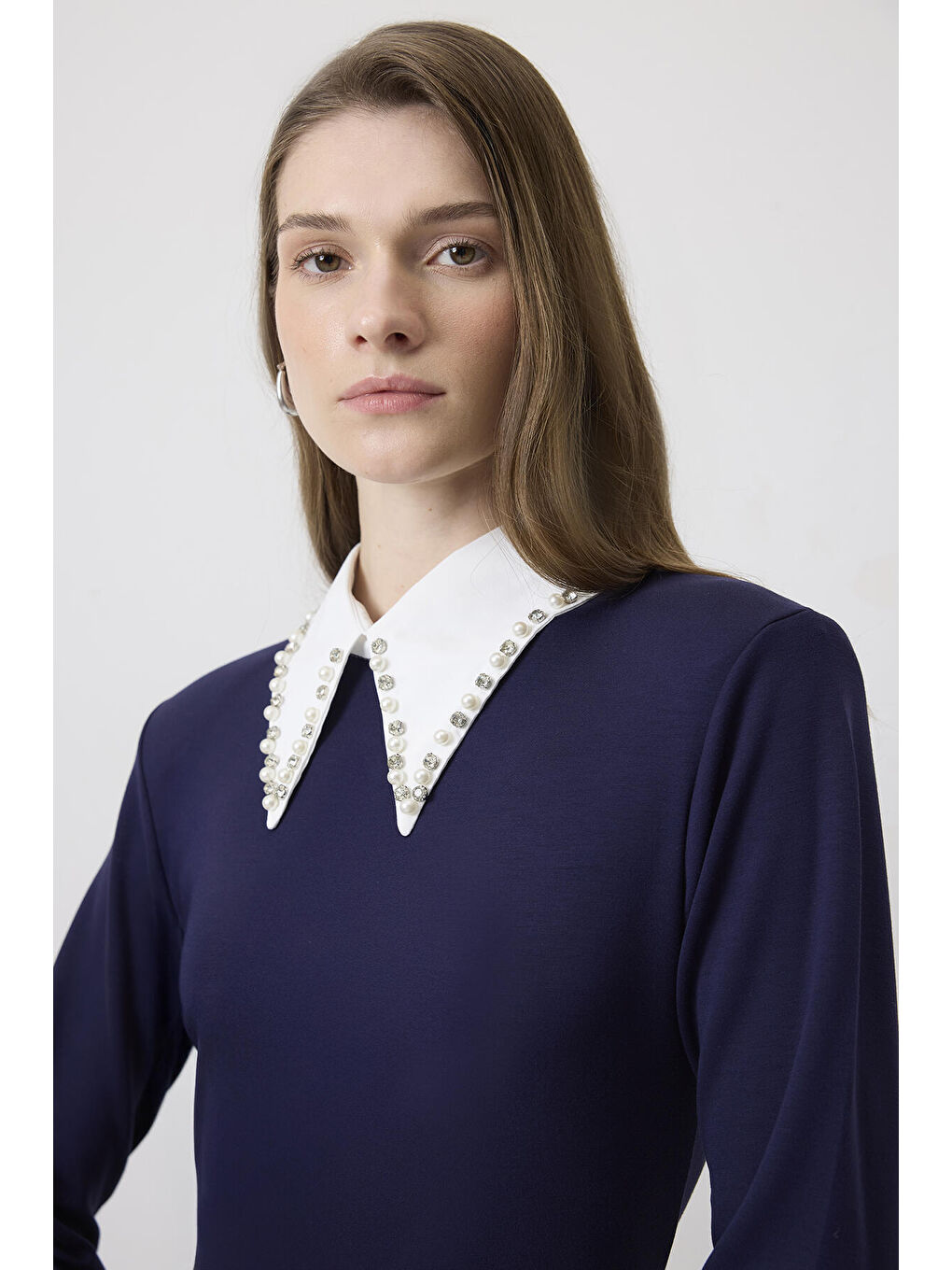 Lacivert Yaka Taş Detaylı Elbise-3