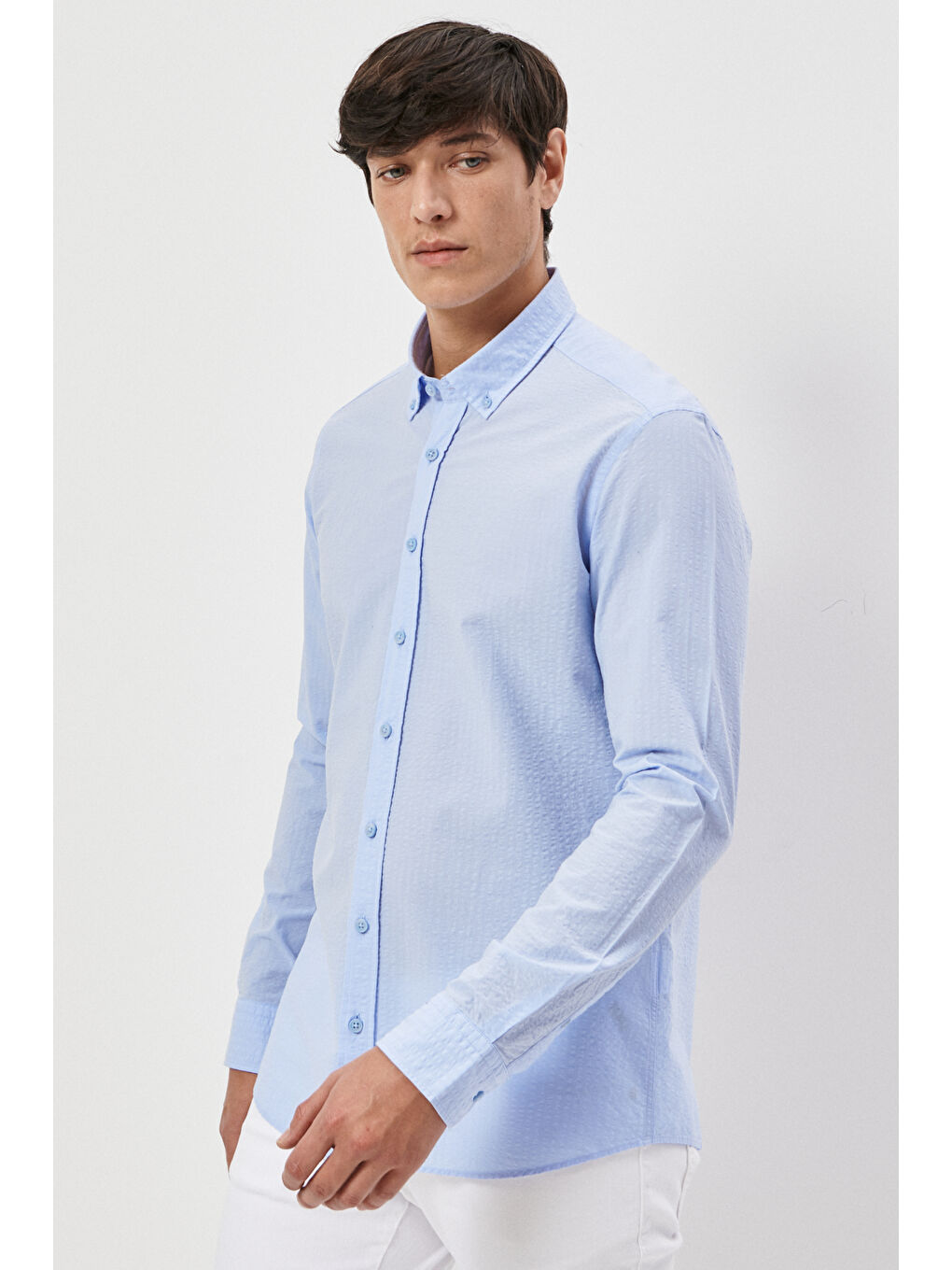 Erkek Mavi Slim Fit Dar Kesim Düğmeli Yaka %100 Pamuk Desenli Gömlek