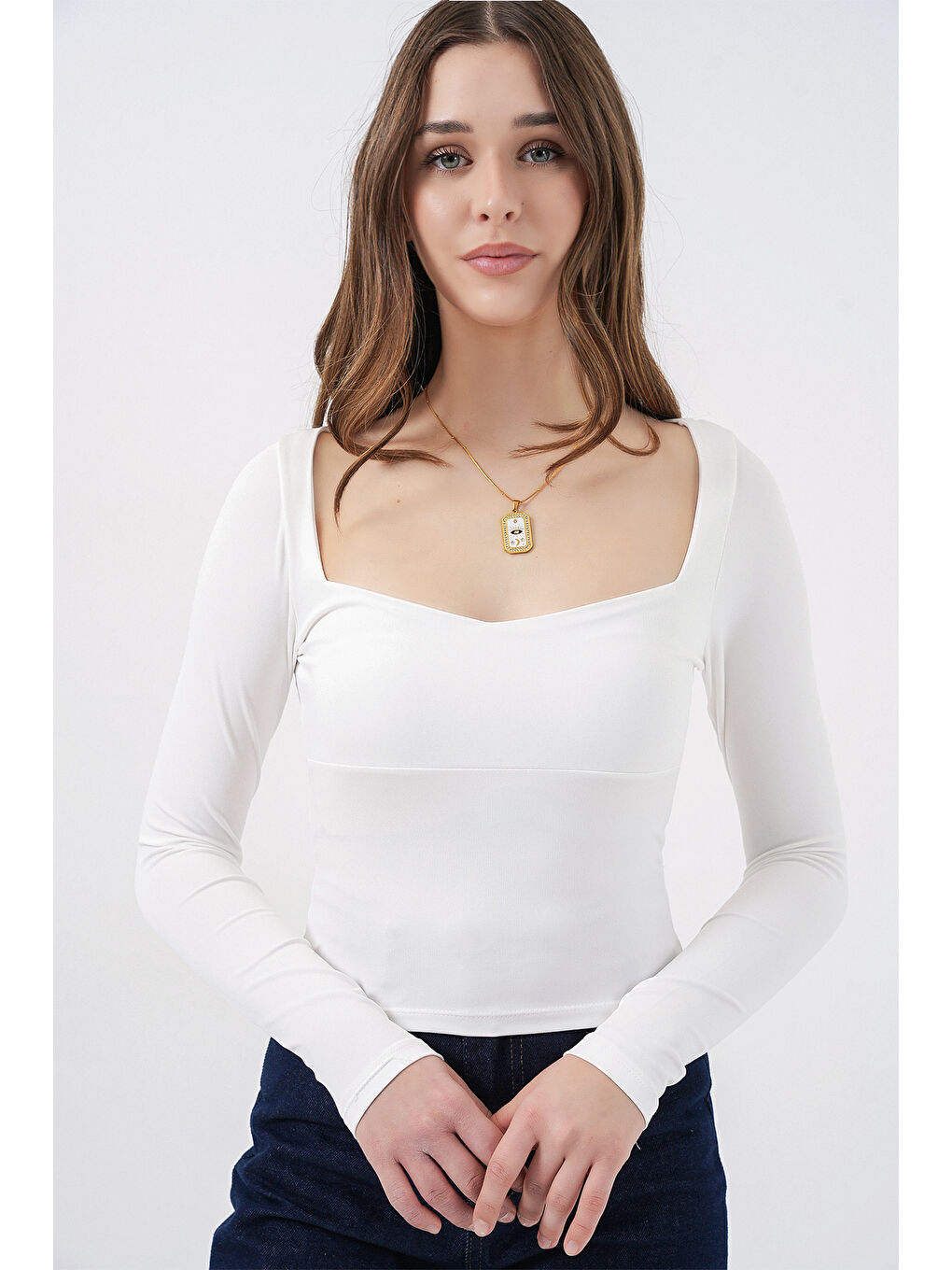 Kadın Kare Yaka Slim Fit Bluz 986 - Beyaz