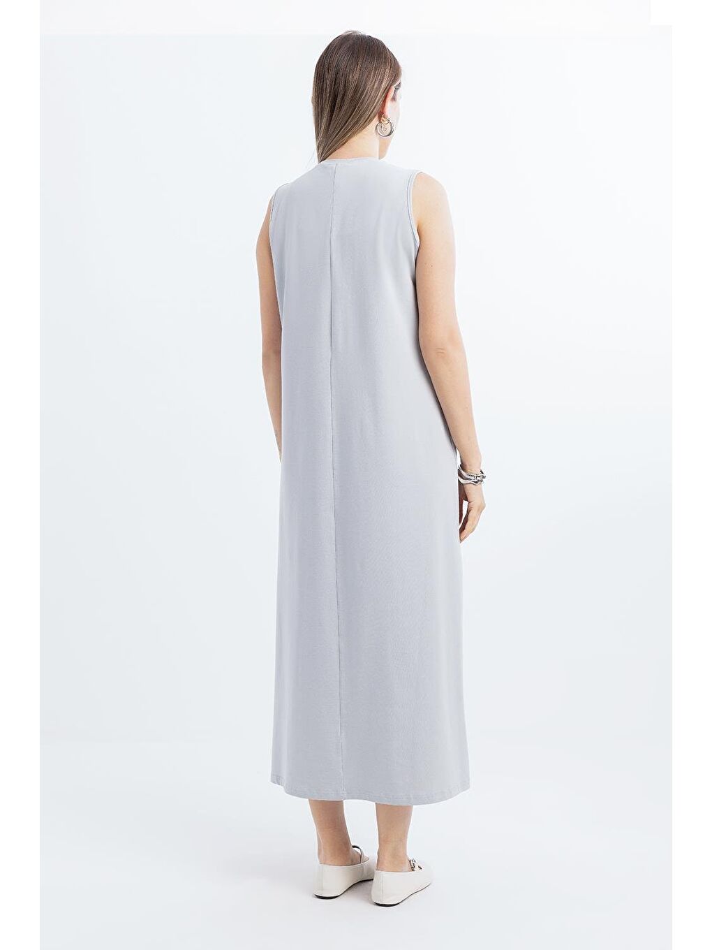 Gri-Pamuklu Bisiklet Yaka Kolsuz İçlik Elbise-3