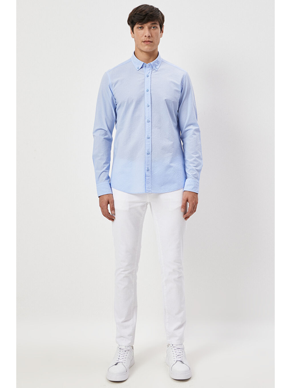 Erkek Mavi Slim Fit Dar Kesim Düğmeli Yaka %100 Pamuk Desenli Gömlek-1