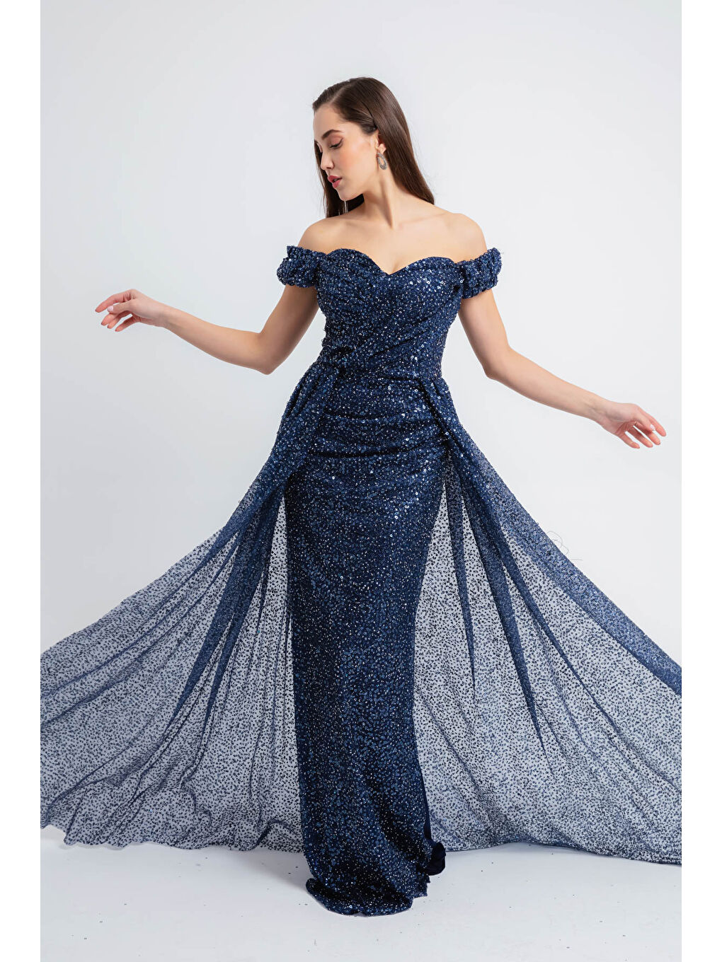 Kadın Lacivert Pul Payet Işıltılı Uzun Abiye Elbise