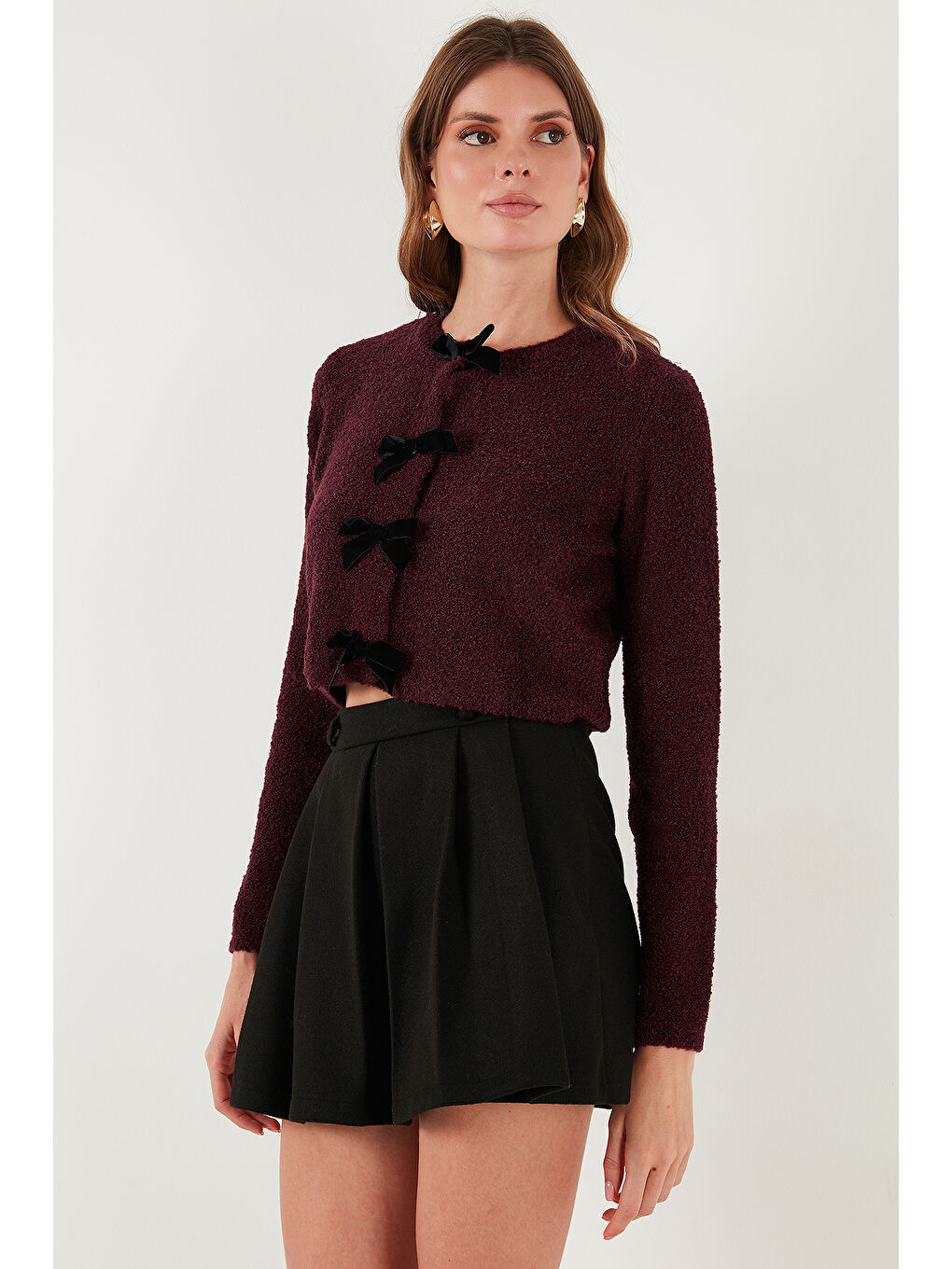 Bordo Regular Fit Bisiklet Yaka Kurdele Detaylı Premium Hırka 680HI00105