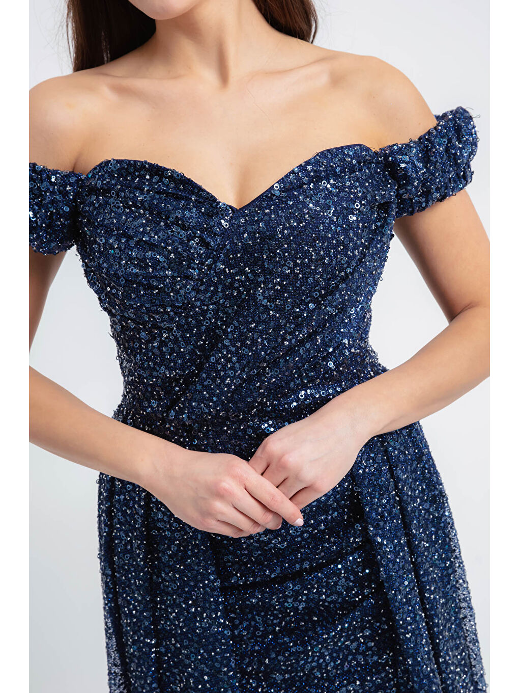 Kadın Lacivert Pul Payet Işıltılı Uzun Abiye Elbise-1