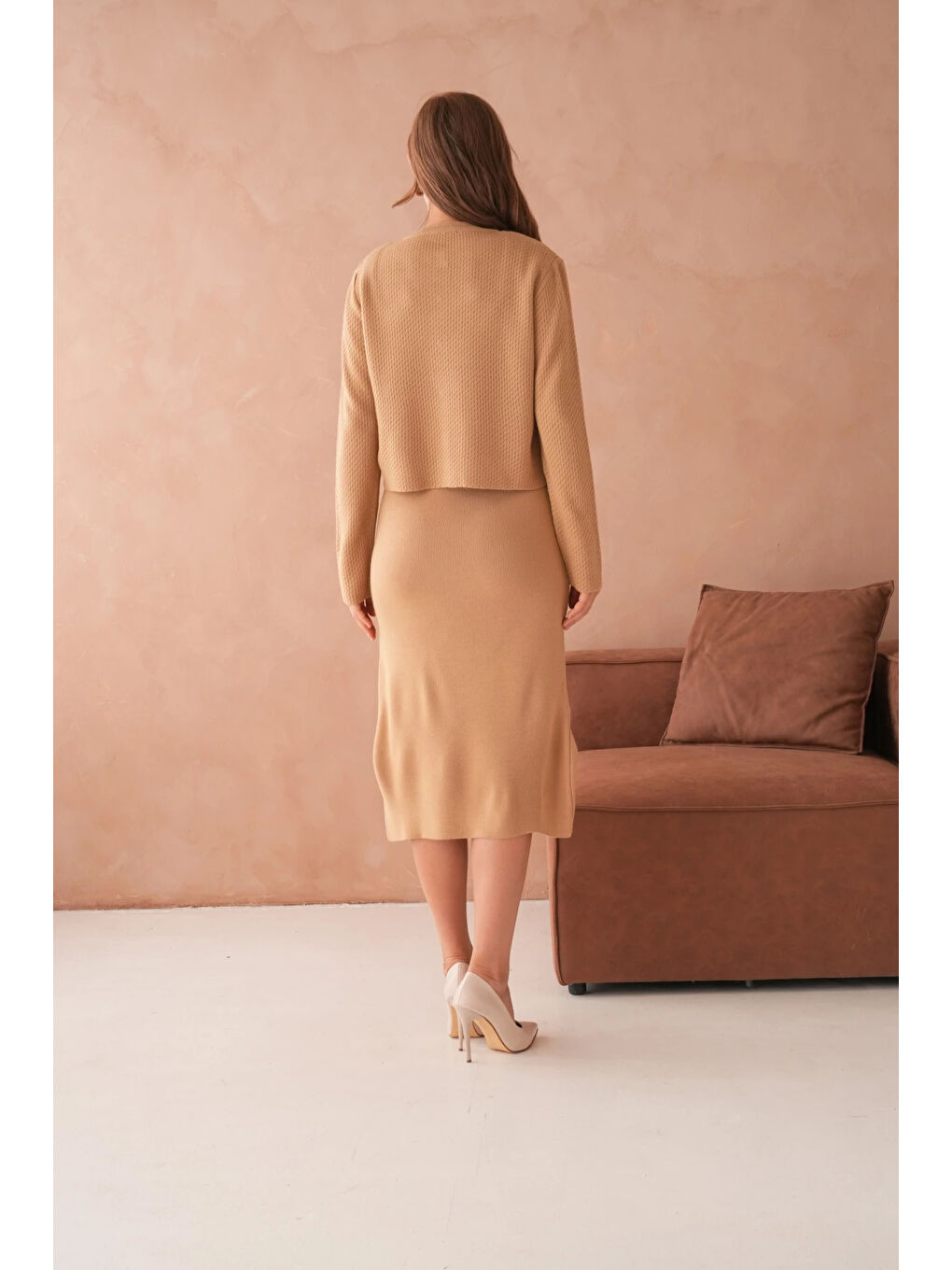 Kahverengi Kadın Bisiklet Yaka Düğme Detay Dokulu Ceket Elbise İkili Triko Takım-1