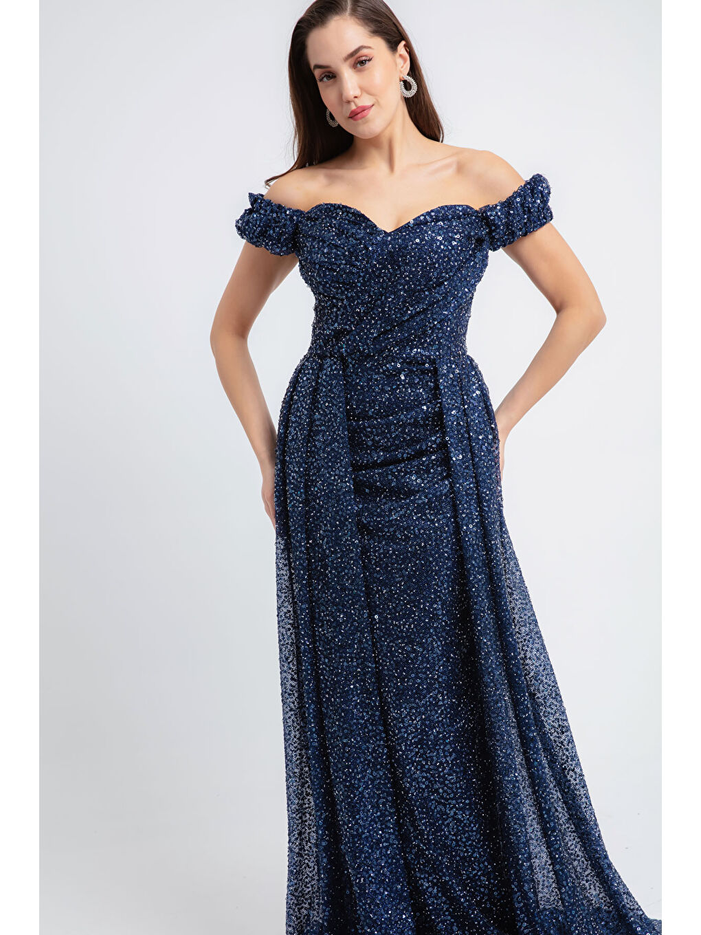 Kadın Lacivert Pul Payet Işıltılı Uzun Abiye Elbise-2