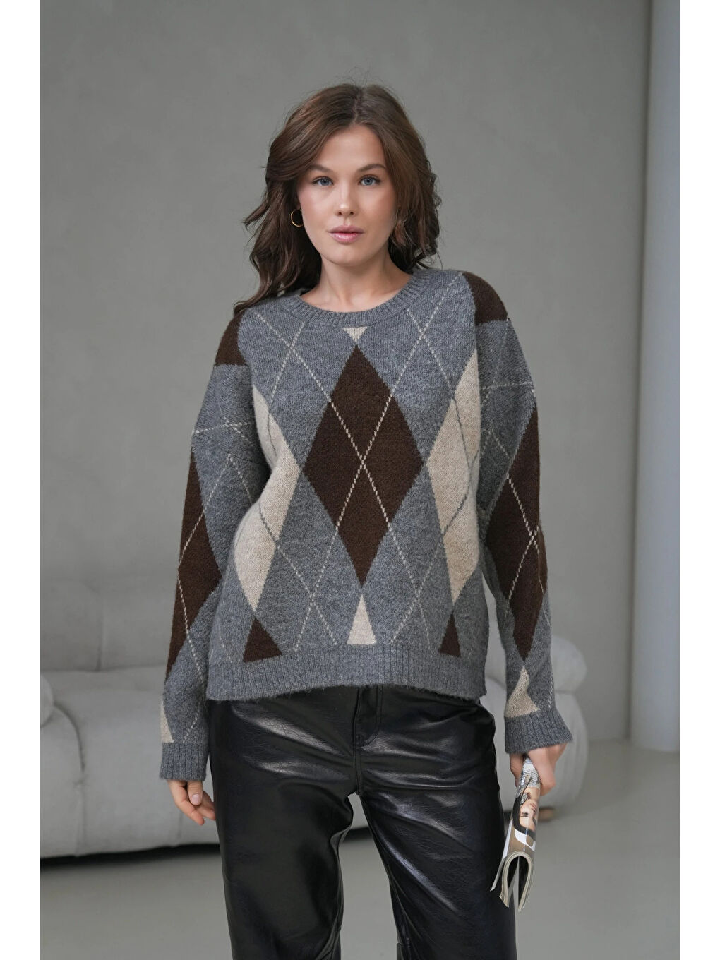 Antrasit Kadın Bisiklet Yaka Baklava Desenli Triko Kazak