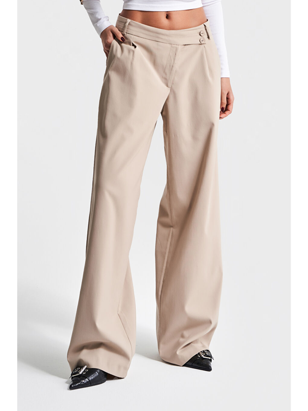 Kadın Bej Renk Neptun S5-57 Kemer Detaylı Palazzo Fit Pileli Pantolon