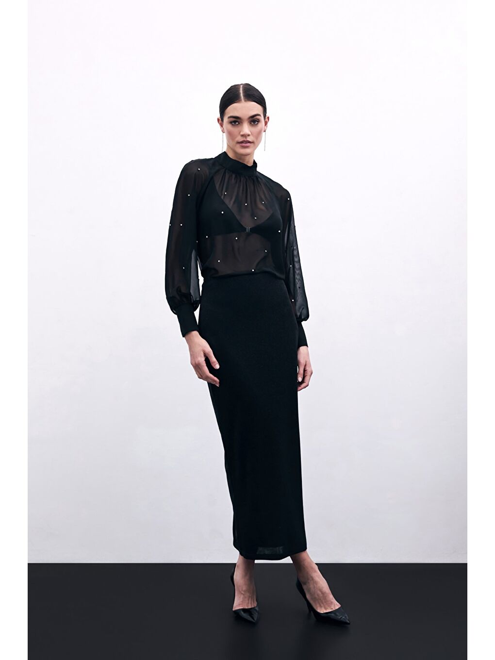 Taş Detaylı Transparan Bluz - Siyah-1