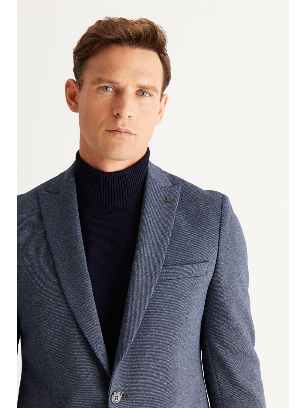 Erkek Lacivert-Gri Slim Fit Dar Kesim Kırlangıç Yaka Desenli Takım Elbise-2