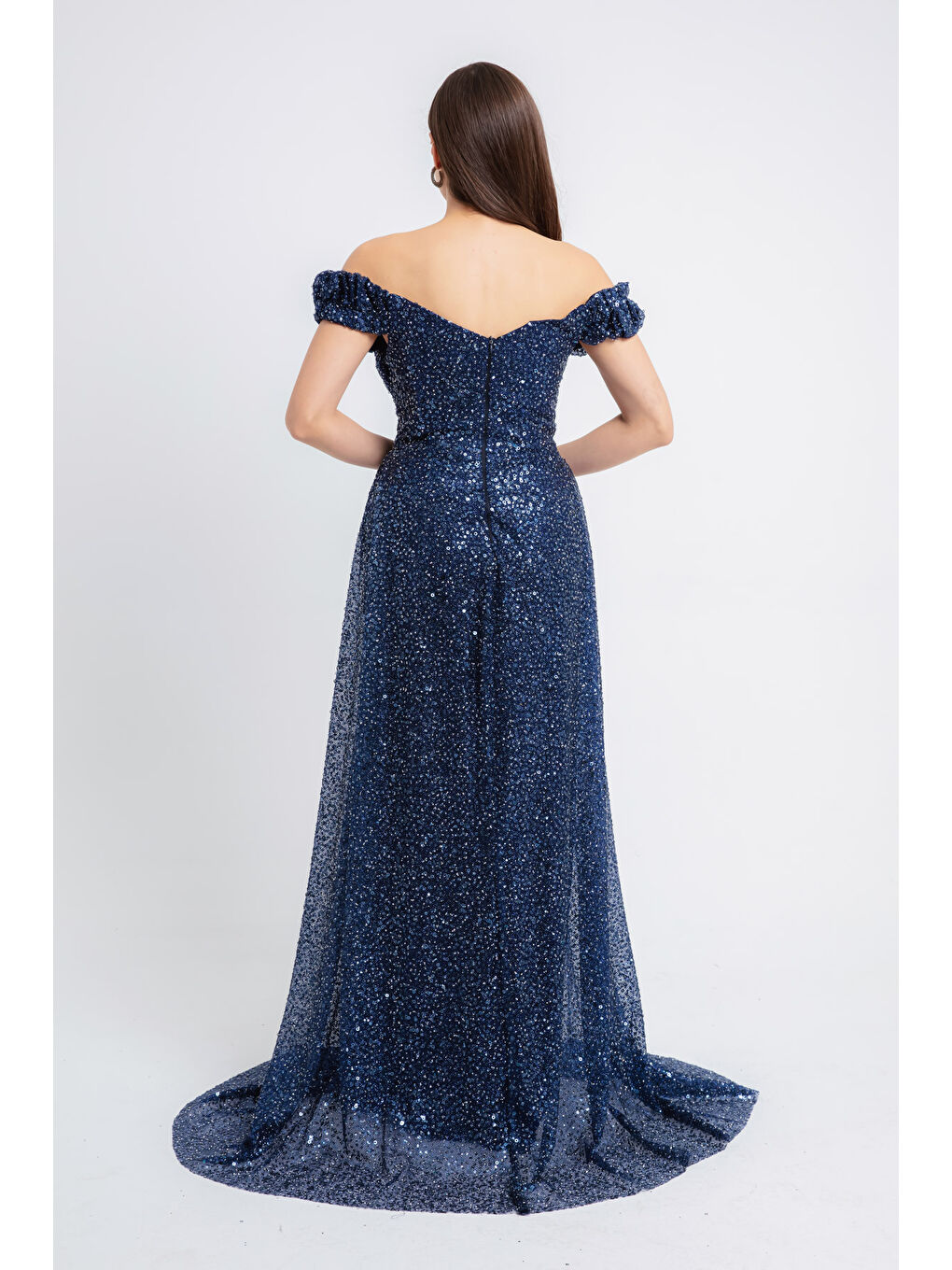 Kadın Lacivert Pul Payet Işıltılı Uzun Abiye Elbise-4
