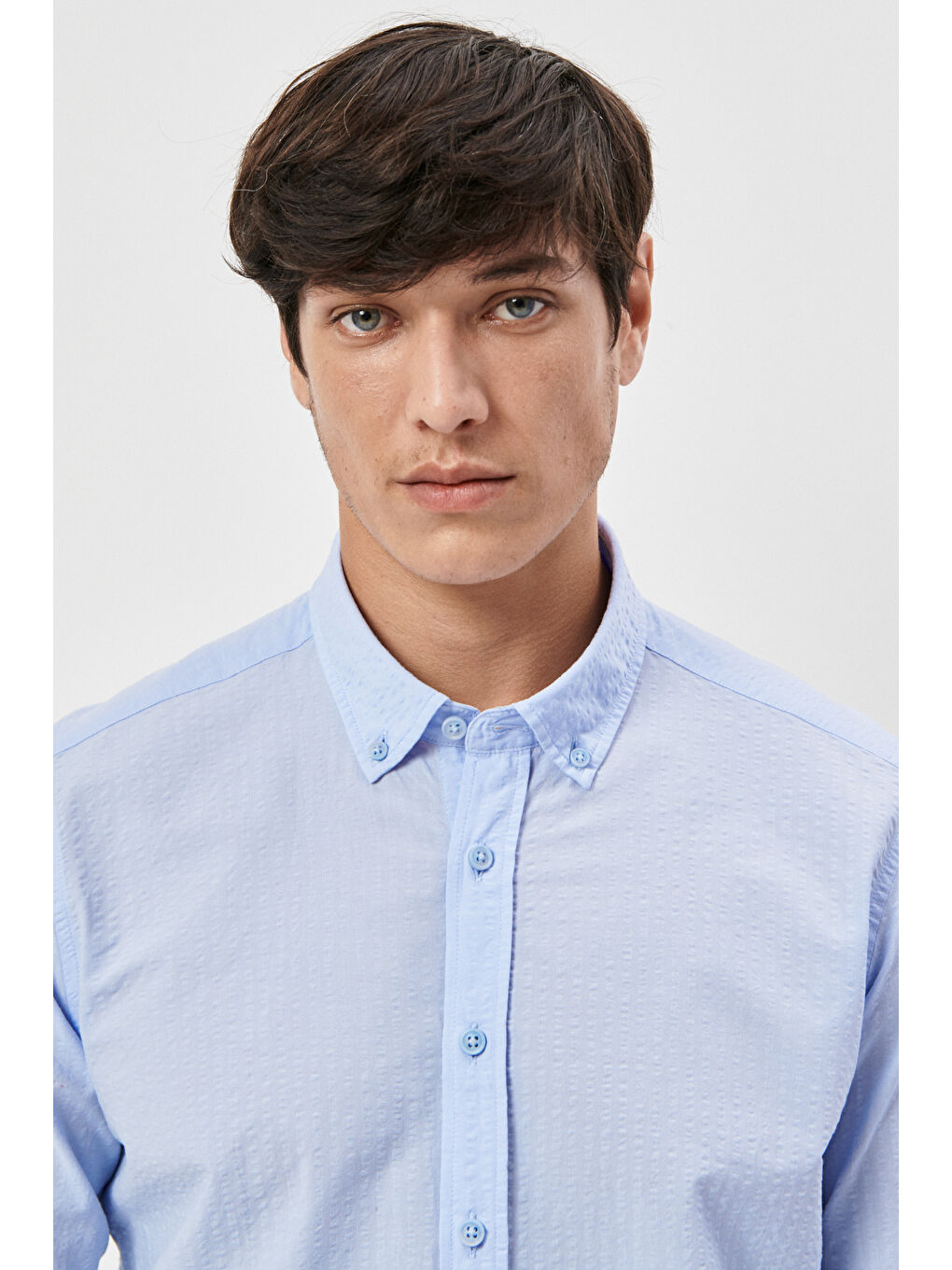 Erkek Mavi Slim Fit Dar Kesim Düğmeli Yaka %100 Pamuk Desenli Gömlek-3