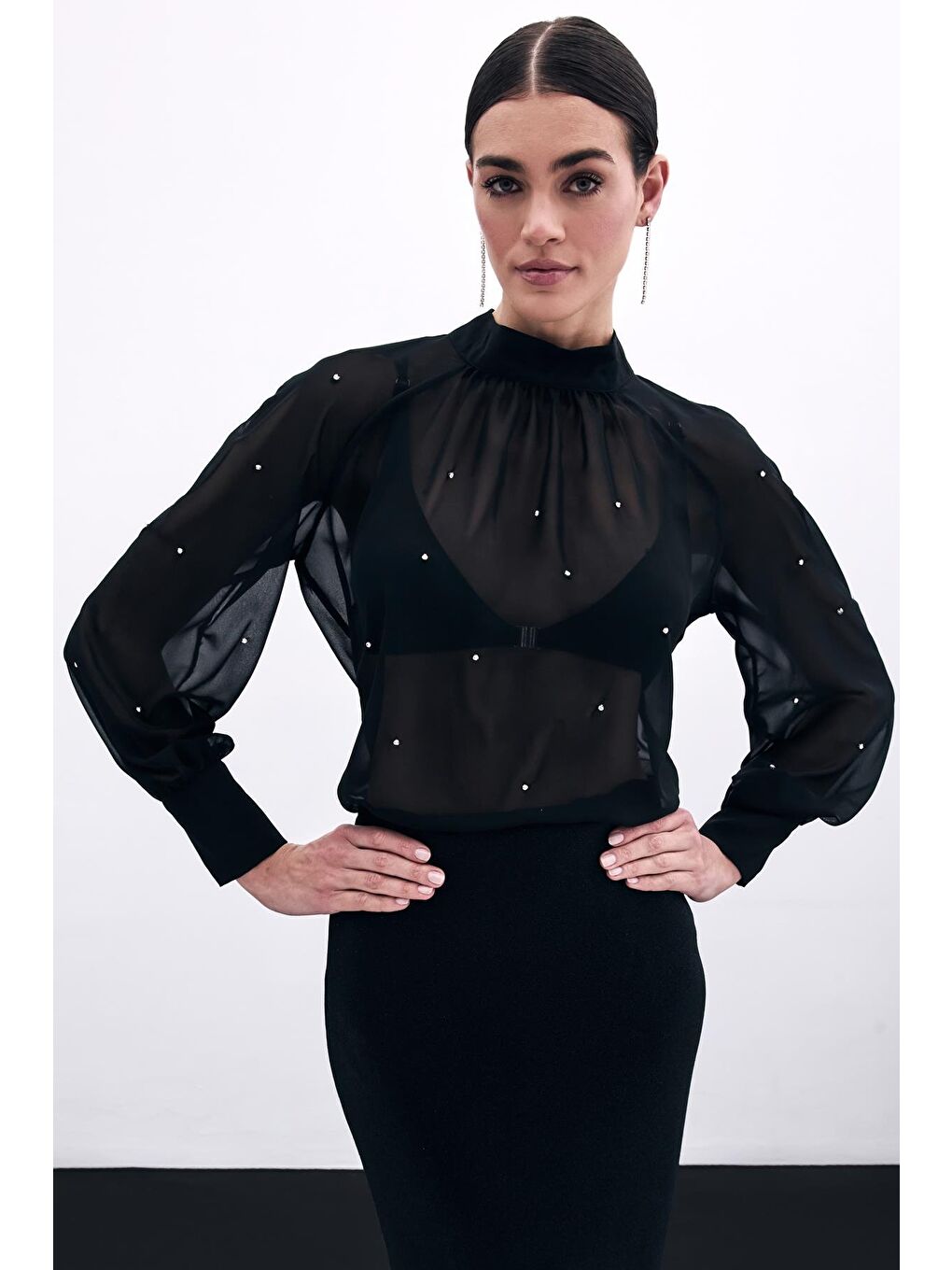 Taş Detaylı Transparan Bluz - Siyah-2