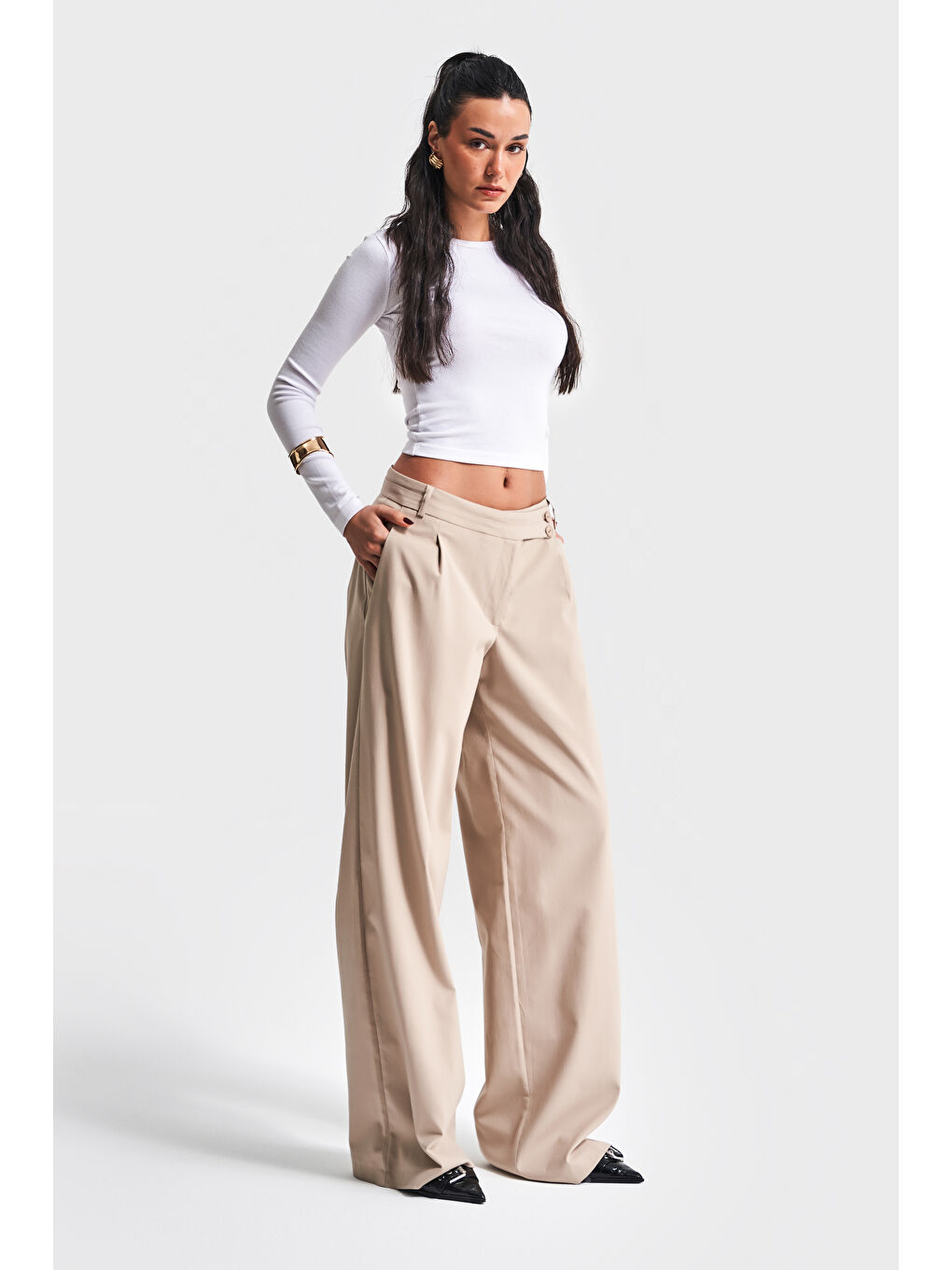 Kadın Bej Renk Neptun S5-57 Kemer Detaylı Palazzo Fit Pileli Pantolon-1