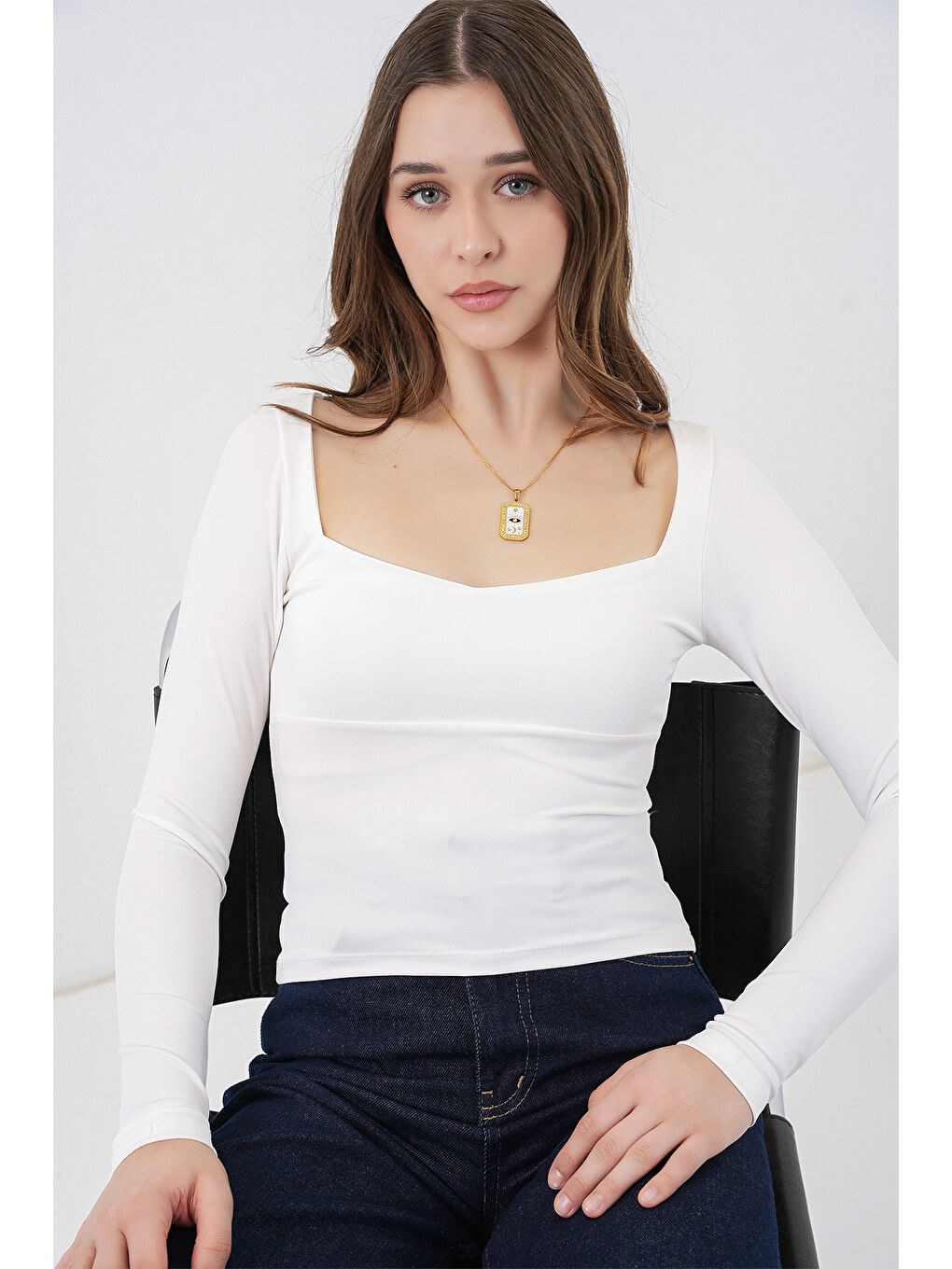 Kadın Kare Yaka Slim Fit Bluz 986 - Beyaz-3