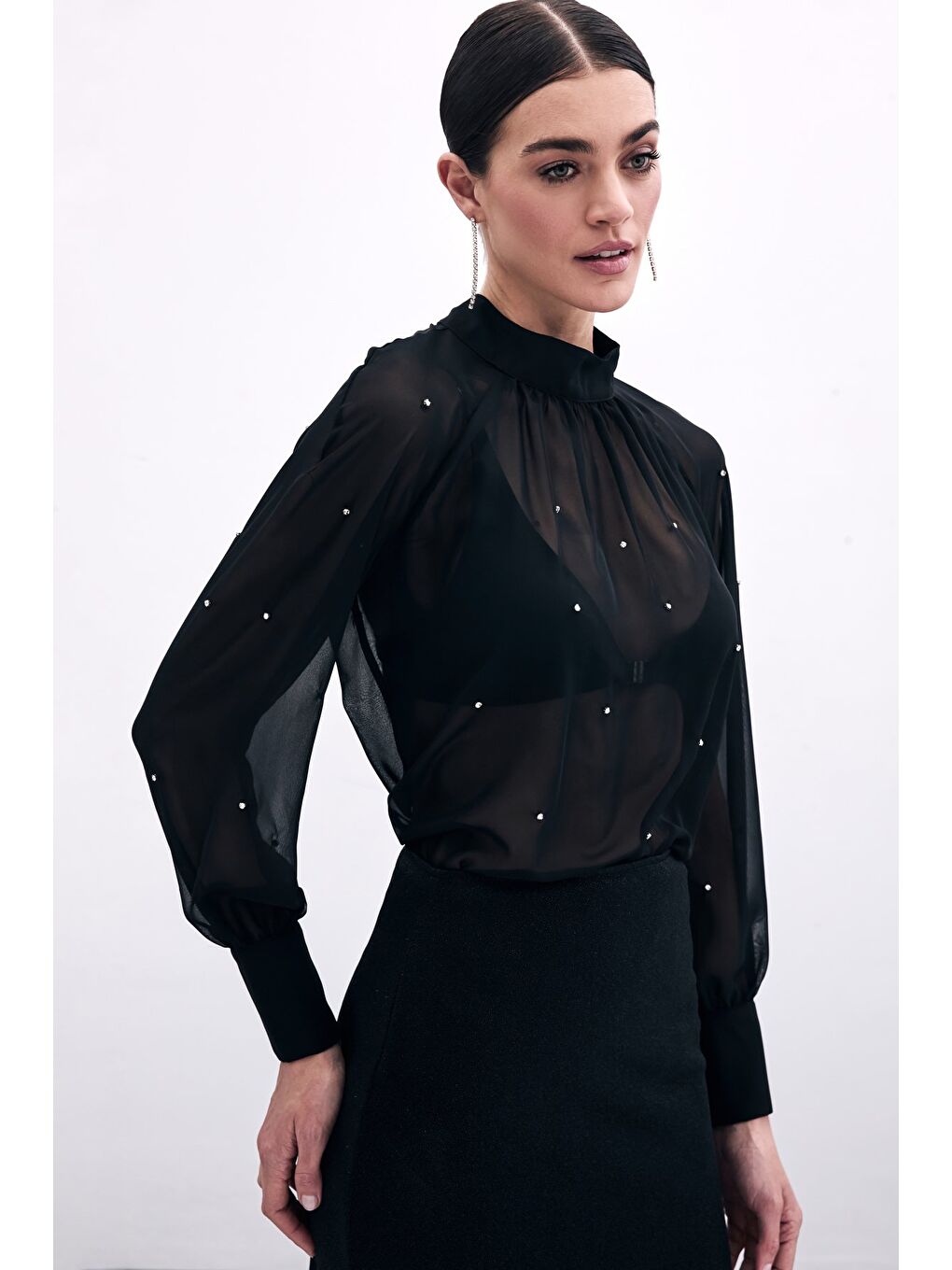 Taş Detaylı Transparan Bluz - Siyah-3
