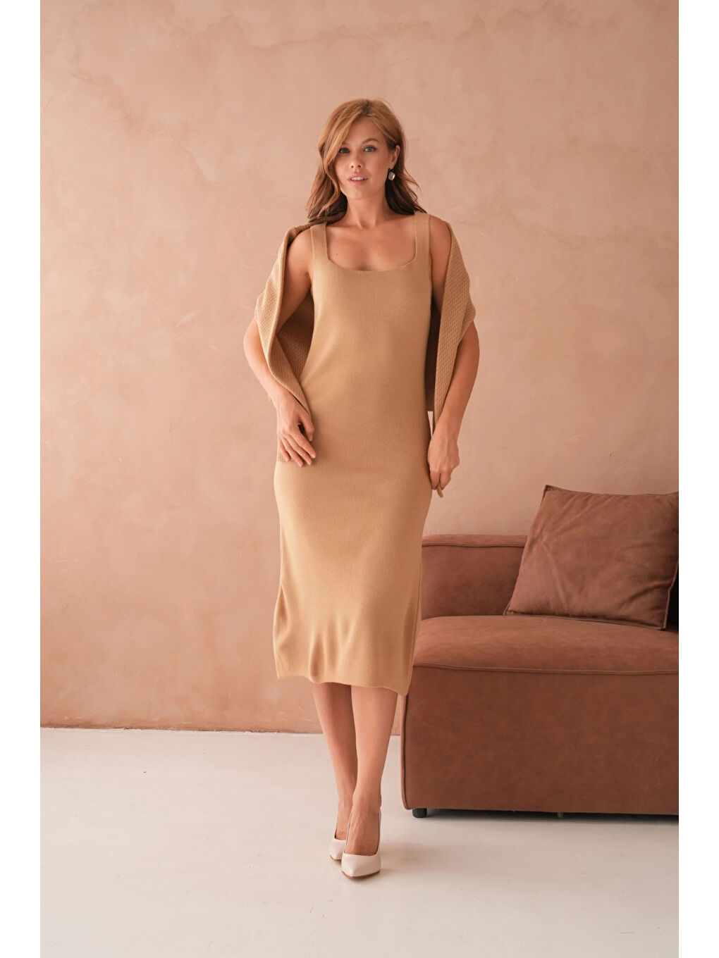 Kahverengi Kadın Bisiklet Yaka Düğme Detay Dokulu Ceket Elbise İkili Triko Takım-2