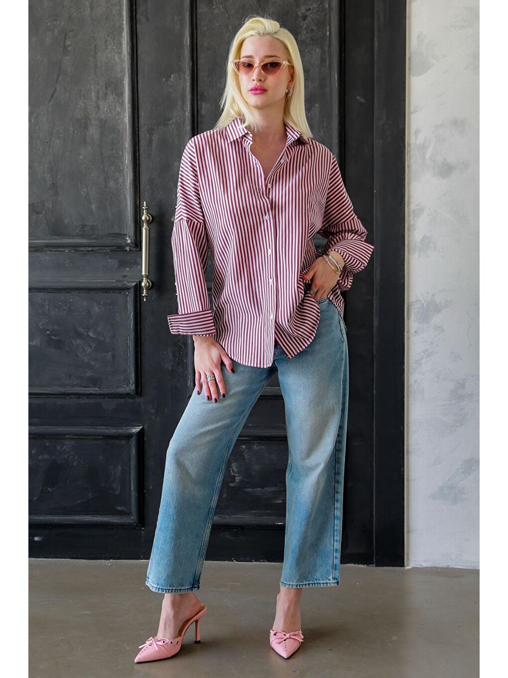 Bordo Çizgili Over Fit Gömlek Mg1525