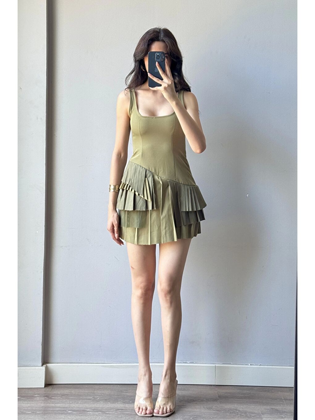 Kadın Haki Pliseli Şort Elbise 1041-2332