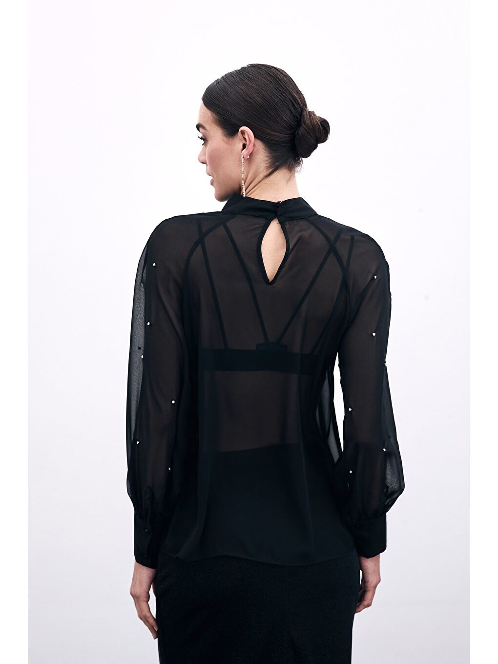 Taş Detaylı Transparan Bluz - Siyah-5
