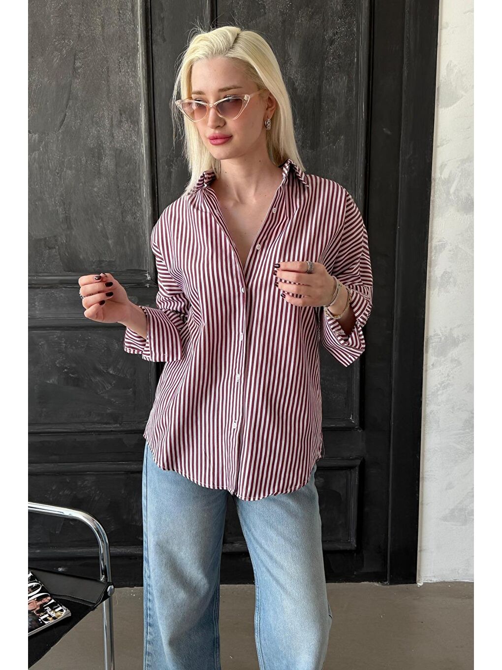 Bordo Çizgili Over Fit Gömlek Mg1525-1