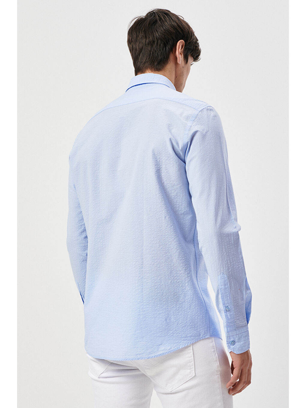 Erkek Mavi Slim Fit Dar Kesim Düğmeli Yaka %100 Pamuk Desenli Gömlek-5