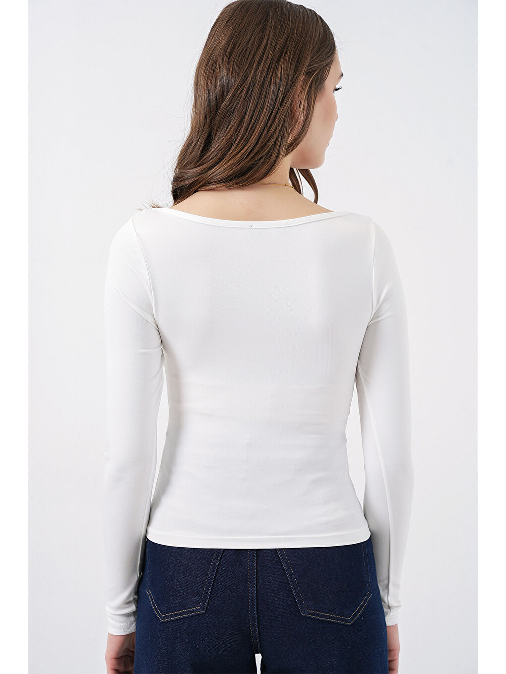 Kadın Kare Yaka Slim Fit Bluz 986 - Beyaz-5