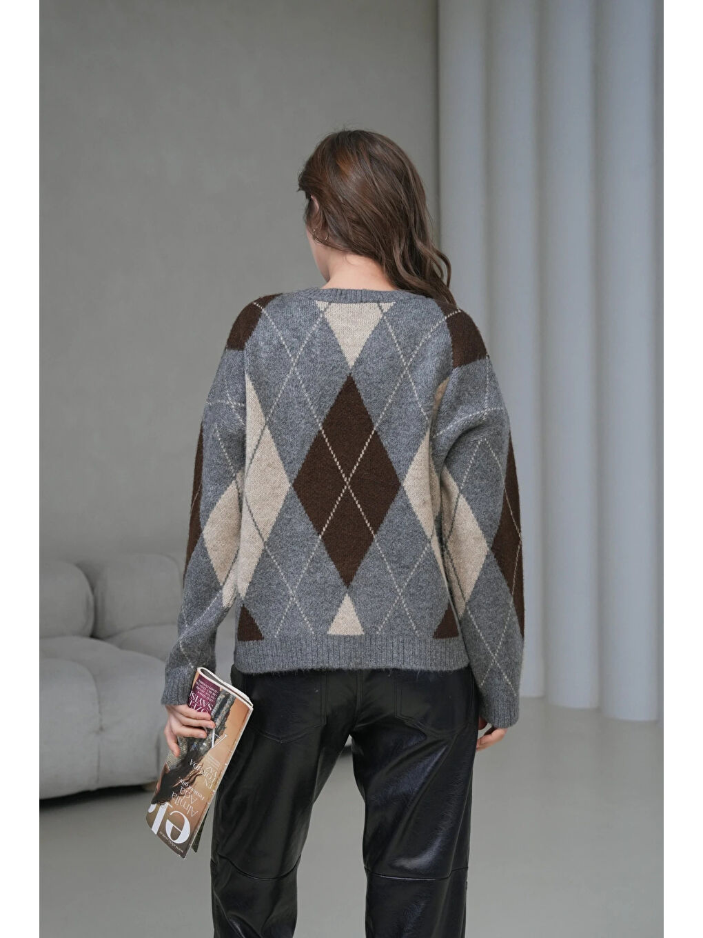 Antrasit Kadın Bisiklet Yaka Baklava Desenli Triko Kazak-2