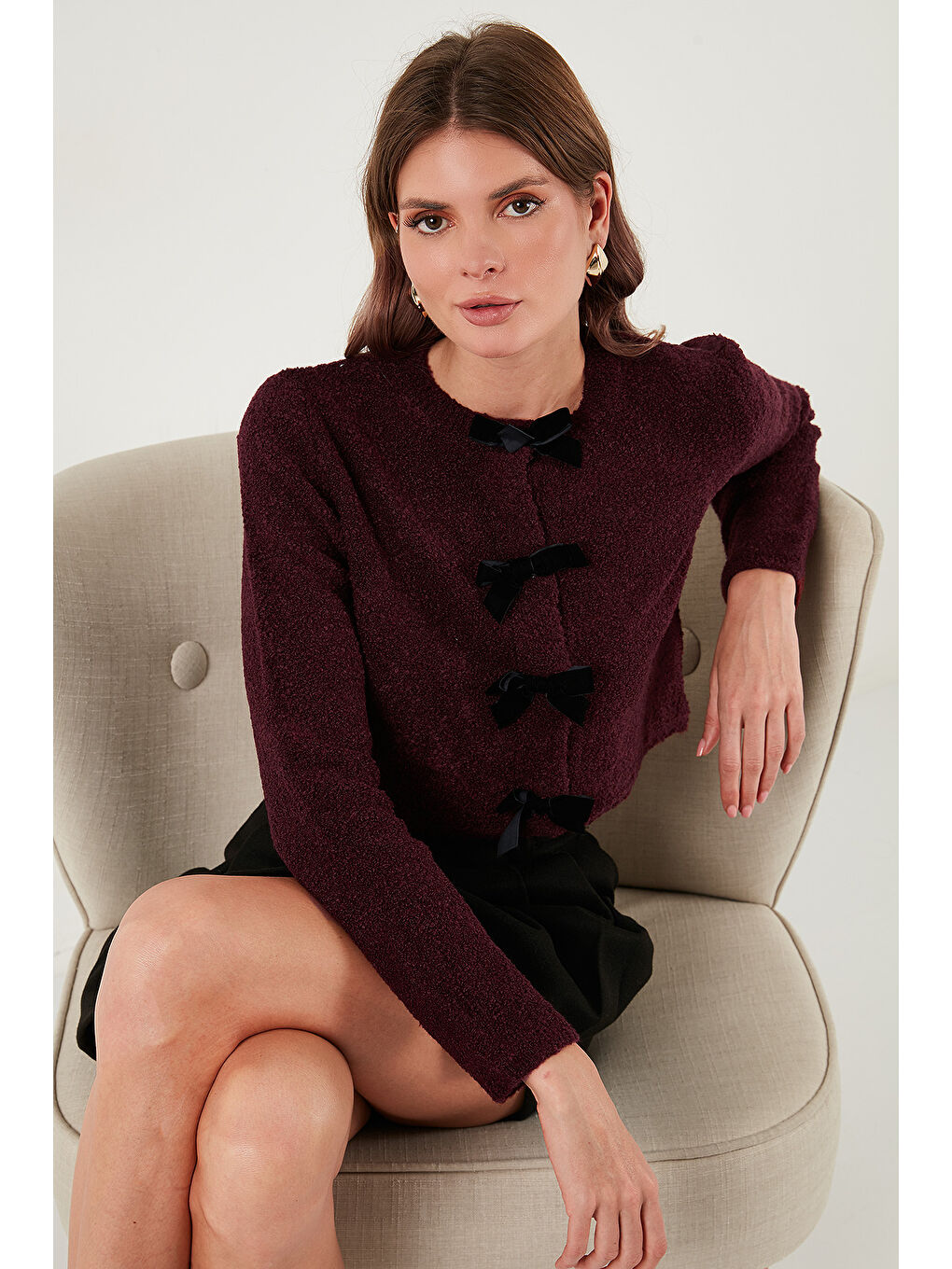 Bordo Regular Fit Bisiklet Yaka Kurdele Detaylı Premium Hırka 680HI00105-1