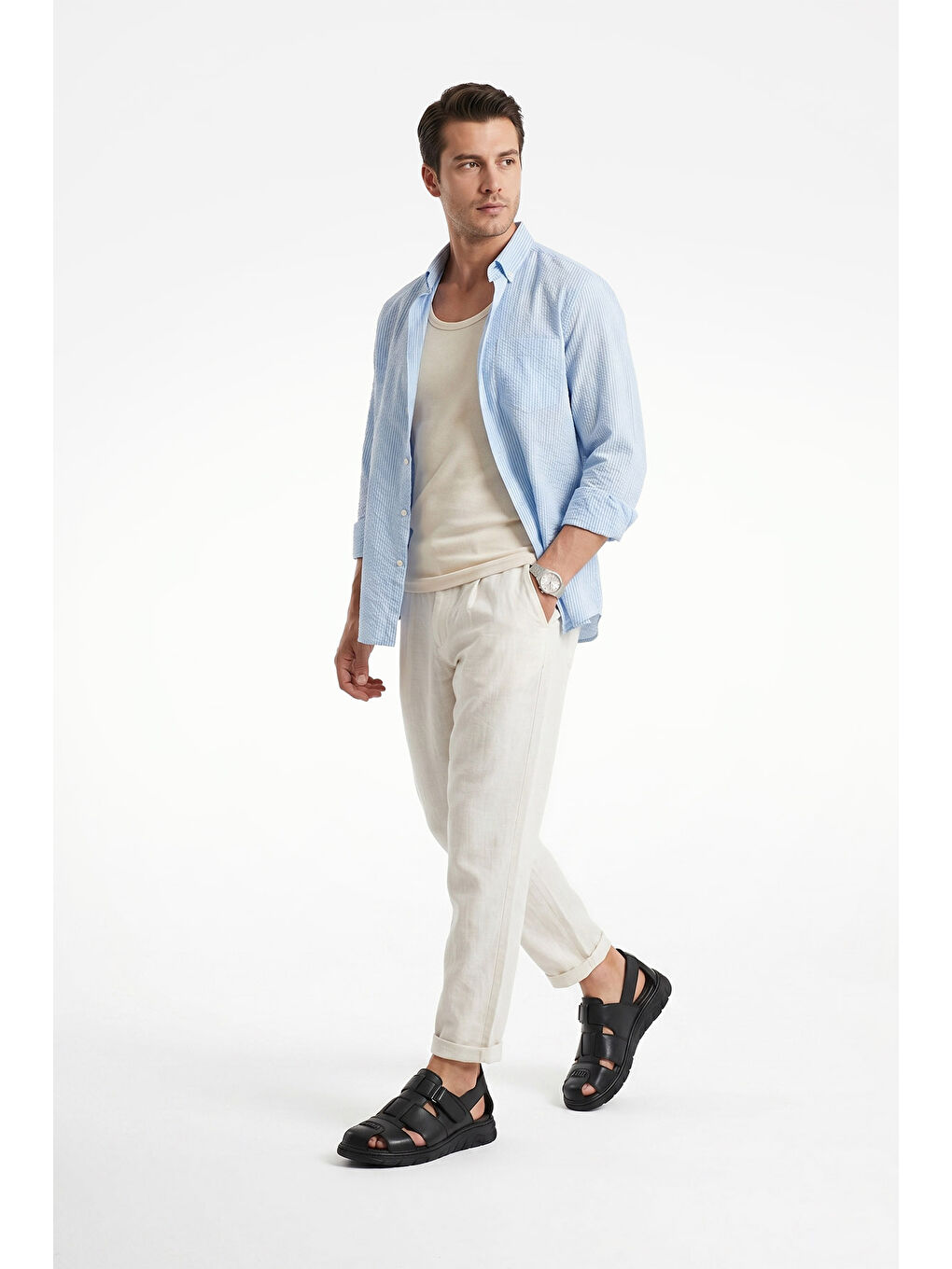 Siyah Erkek SİYAH Cırtlı Hakiki Deri Comfort Sandalet-2