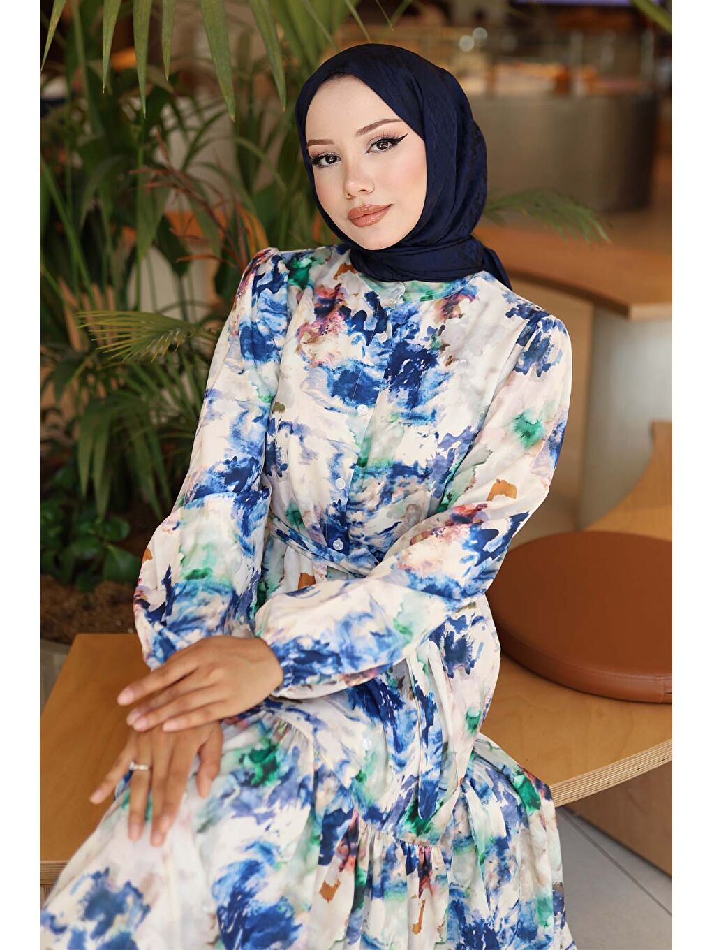 Mavi Kadın Desenli Uzun Tesettür Elbise 2586 - Saks-1