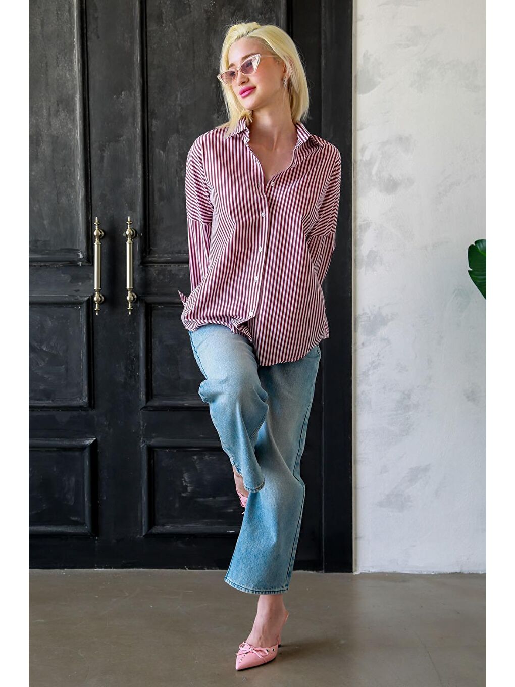 Bordo Çizgili Over Fit Gömlek Mg1525-2