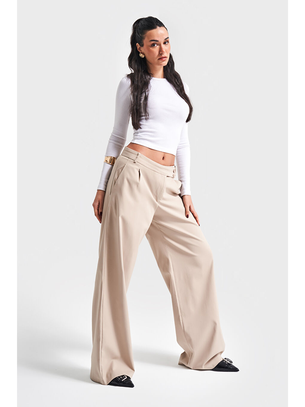 Kadın Bej Renk Neptun S5-57 Kemer Detaylı Palazzo Fit Pileli Pantolon-6