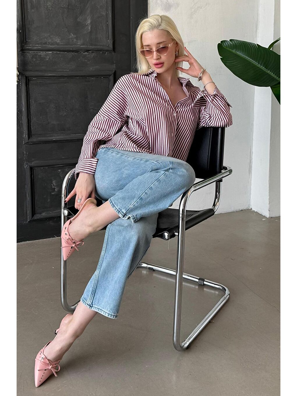 Bordo Çizgili Over Fit Gömlek Mg1525-3