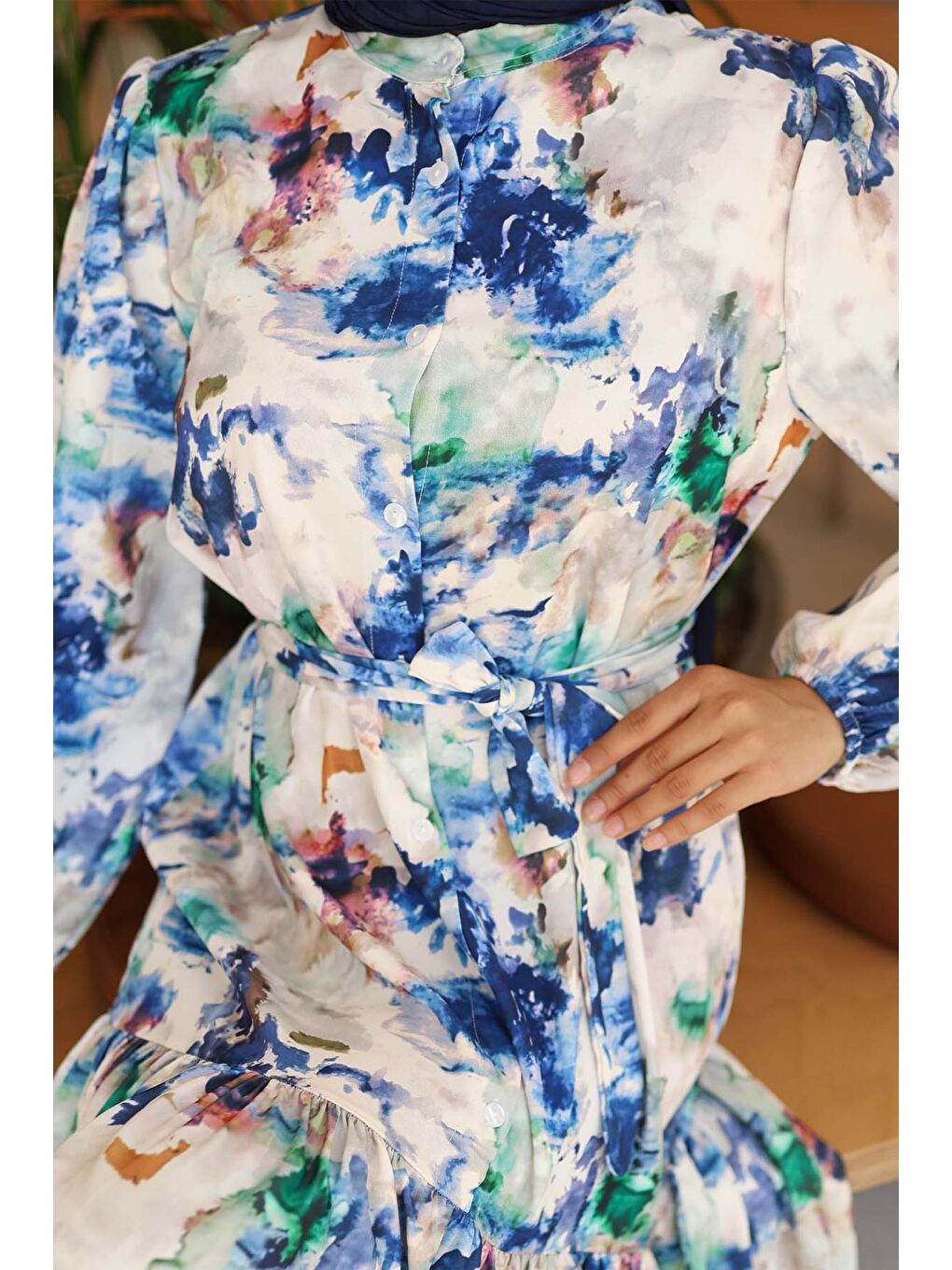 Mavi Kadın Desenli Uzun Tesettür Elbise 2586 - Saks-2