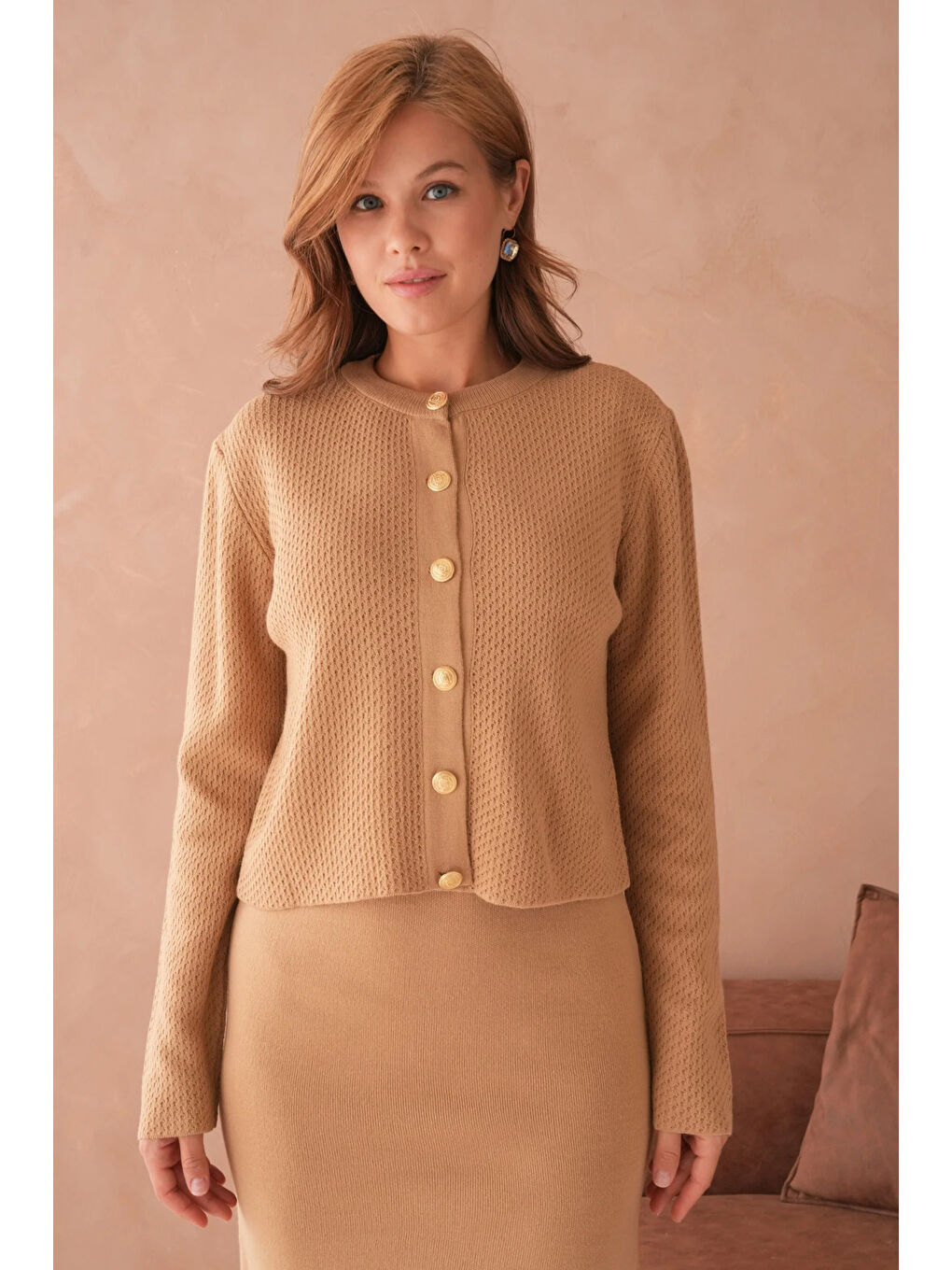 Kahverengi Kadın Bisiklet Yaka Düğme Detay Dokulu Ceket Elbise İkili Triko Takım-4