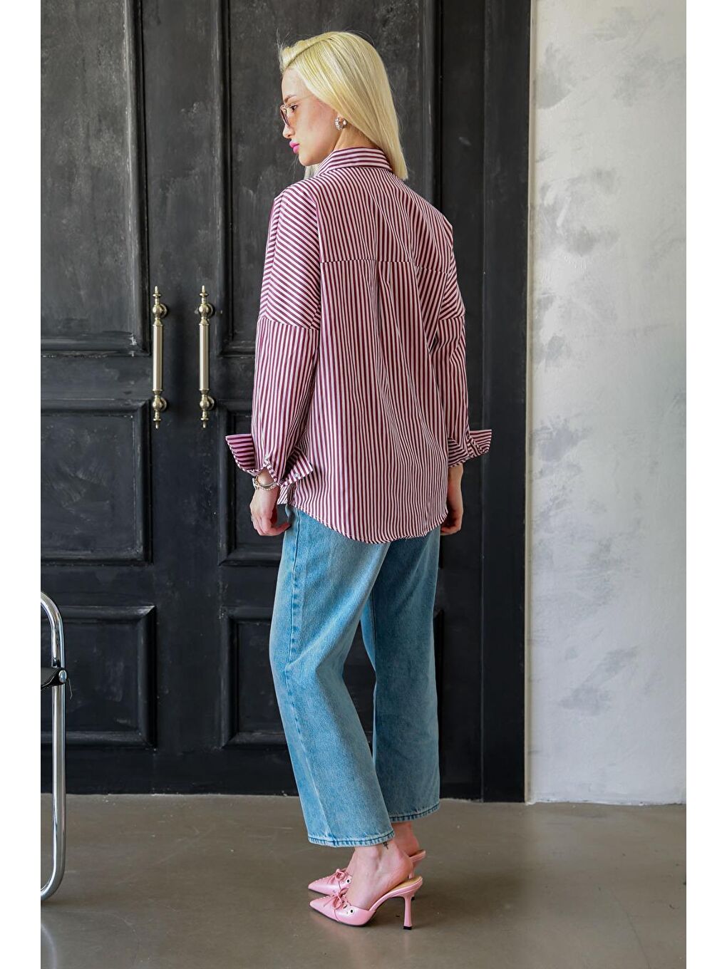 Bordo Çizgili Over Fit Gömlek Mg1525-4