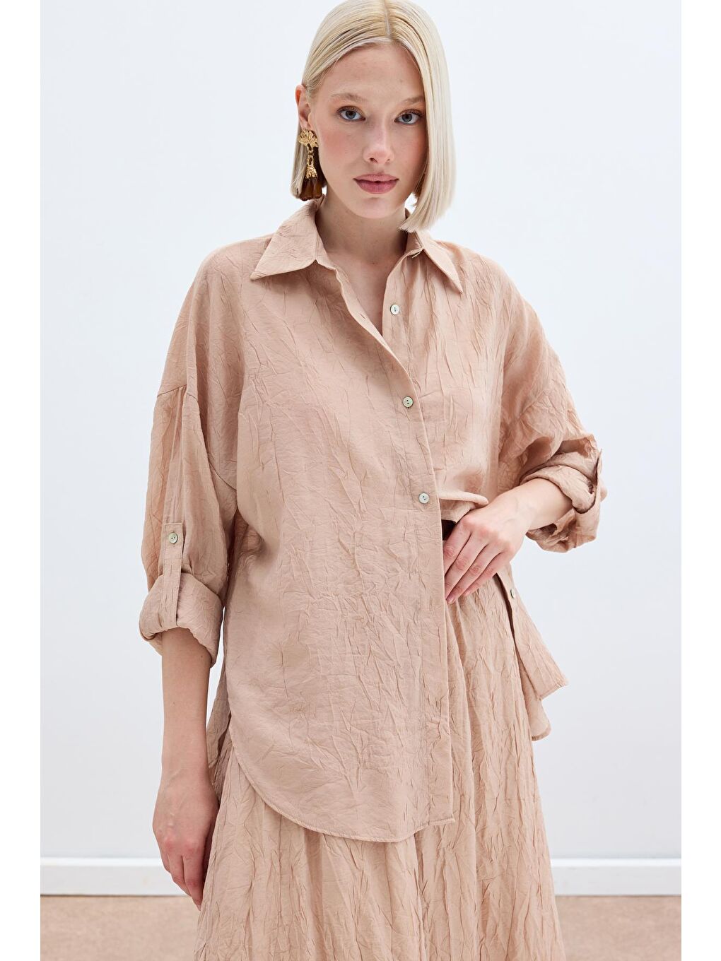 Pembe Kol Detaylı Salaş Gömlek - Pudra