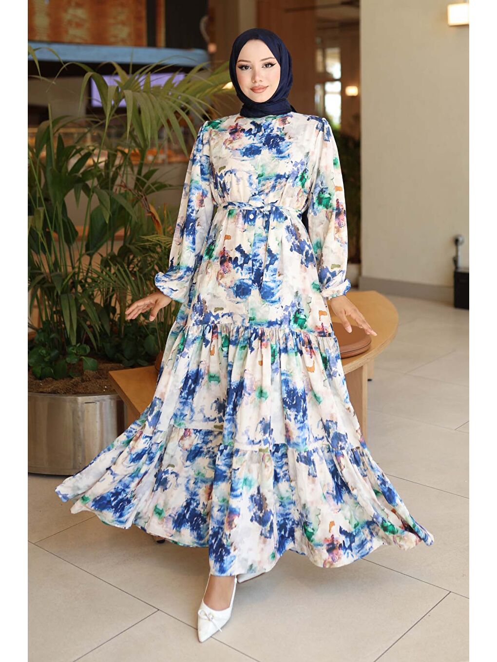 Mavi Kadın Desenli Uzun Tesettür Elbise 2586 - Saks-3