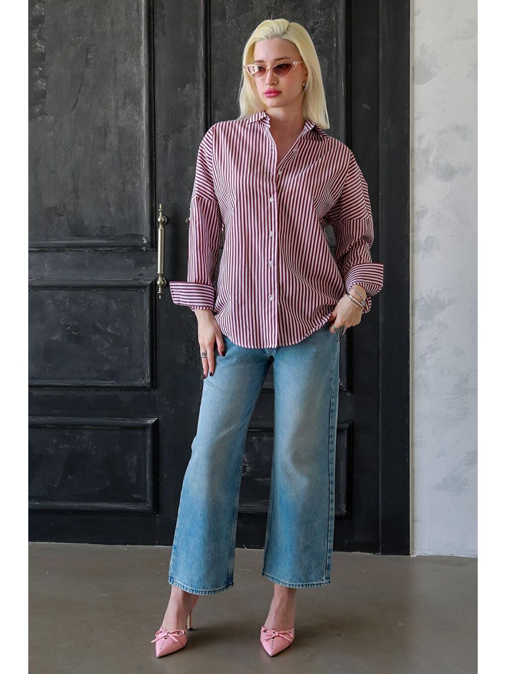 Bordo Çizgili Over Fit Gömlek Mg1525-5