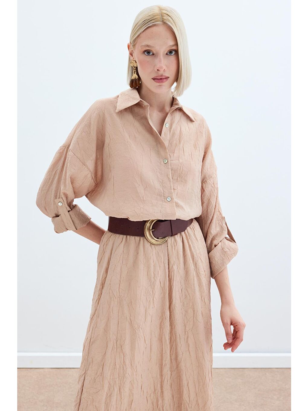 Pembe Kol Detaylı Salaş Gömlek - Pudra-1