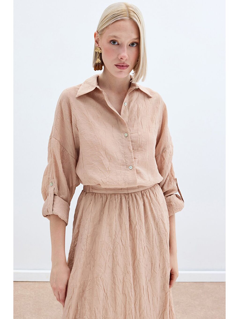 Pembe Kol Detaylı Salaş Gömlek - Pudra-2